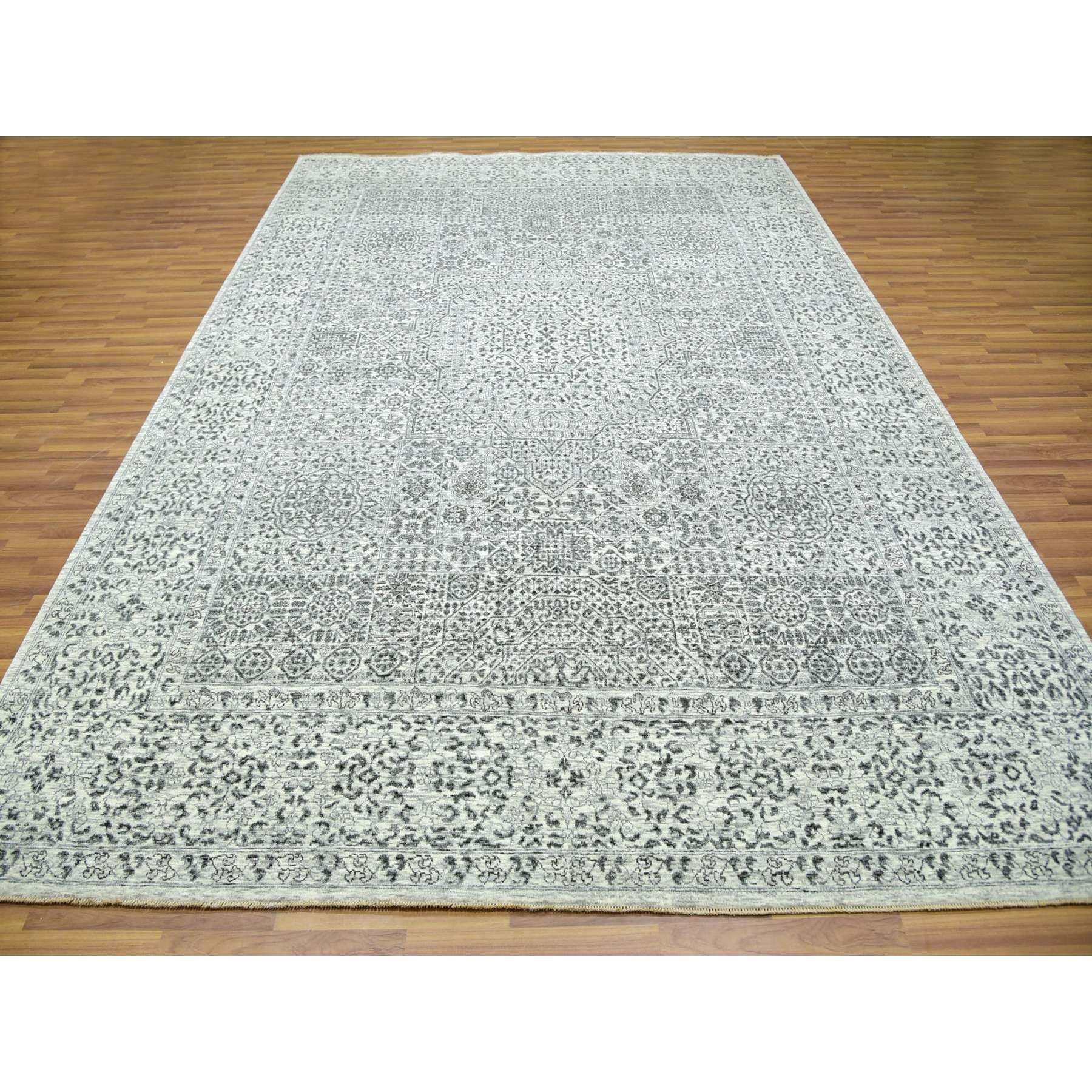9'x12'2" Diamond White, Mamluk Dynasty Pattern, Tone on Tone, Undyed Vibrant Wool, Hand Knotted, Oriental Rug HR79987 - Image 3