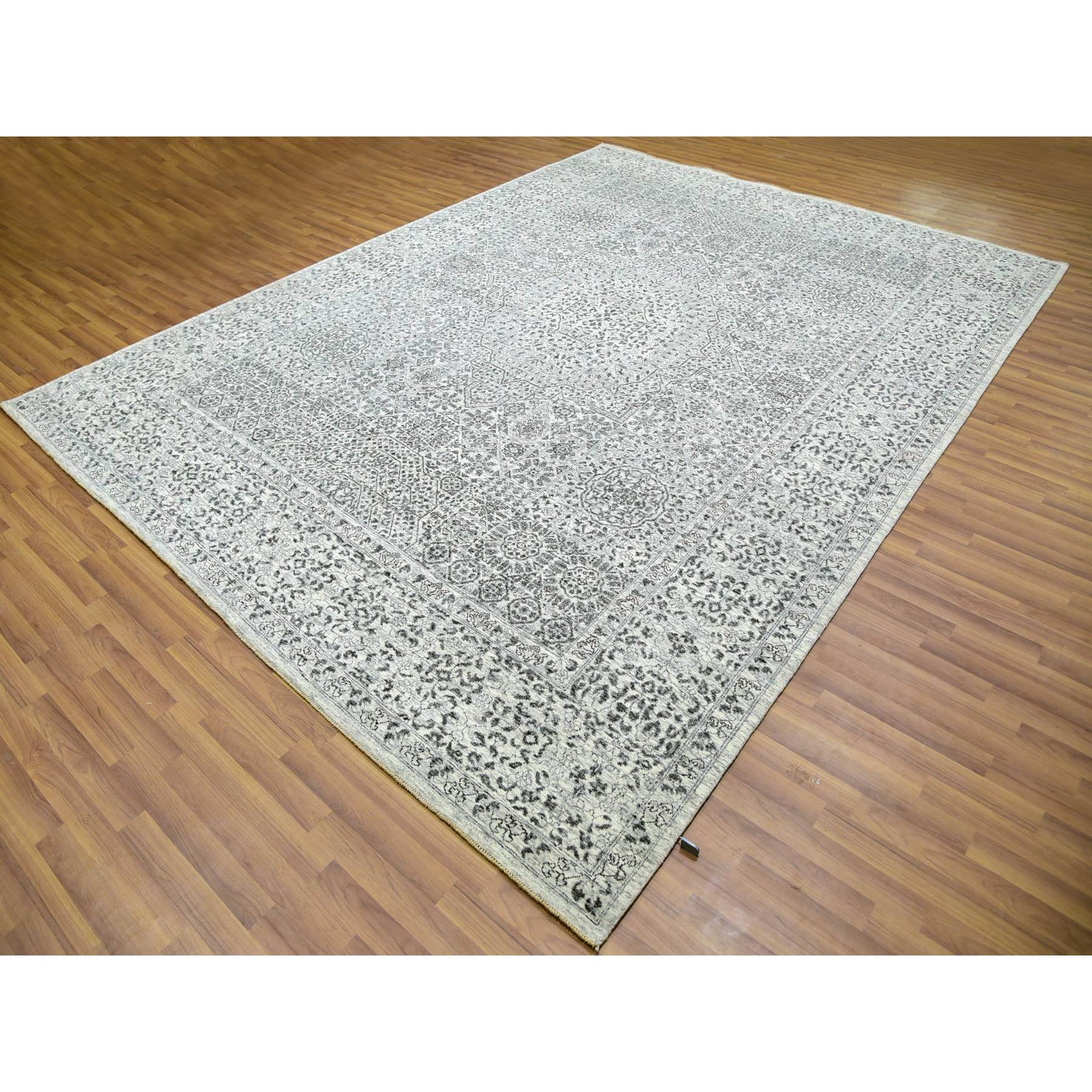 9'x12'2" Diamond White, Mamluk Dynasty Pattern, Tone on Tone, Undyed Vibrant Wool, Hand Knotted, Oriental Rug HR79987 - Image 4