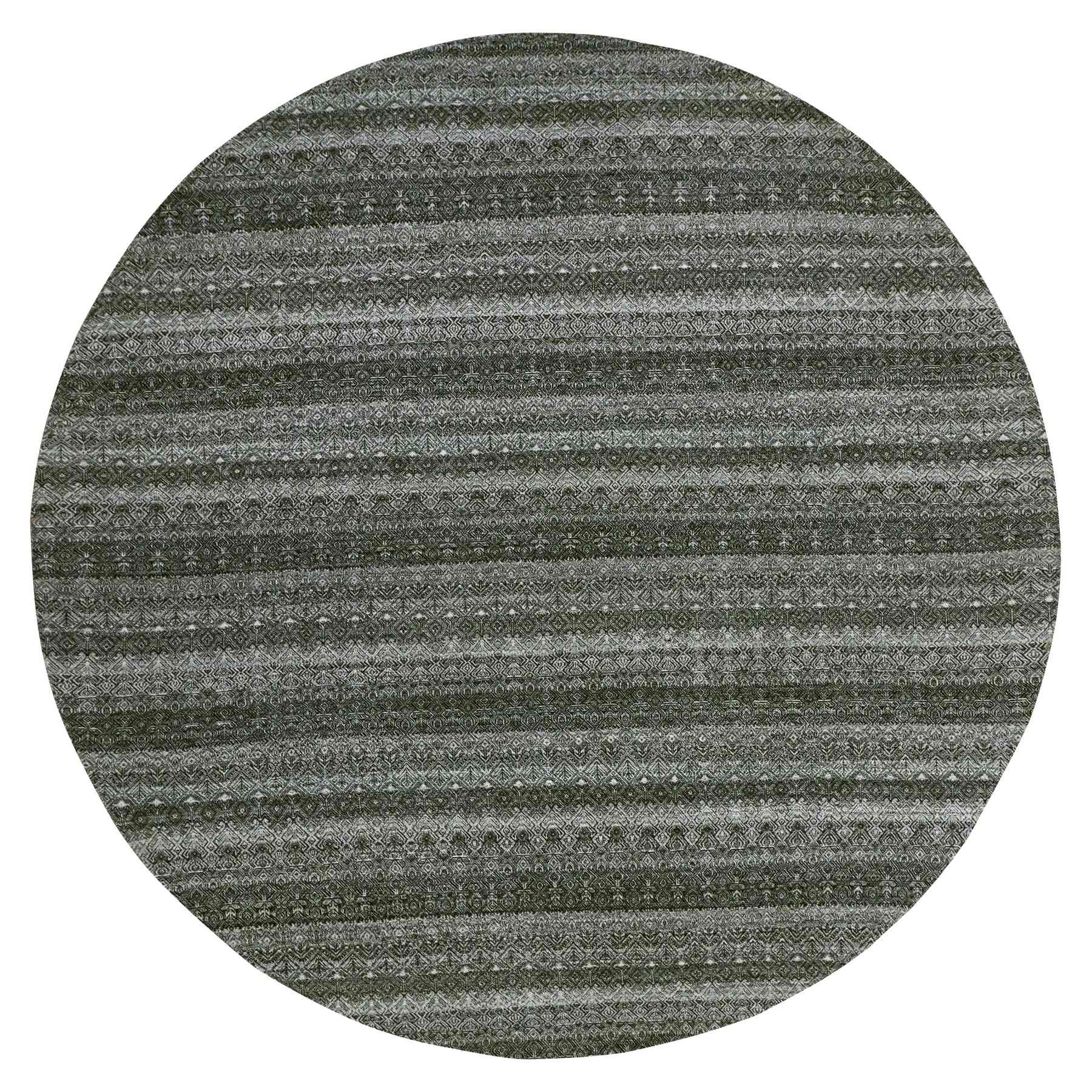 12'x12' Graphite Gray, All Plush Wool, Small Geometric Repetitive Motifs Round Kohinoor Herat Pattern, Hand Knotted, Oriental Rug HR79999