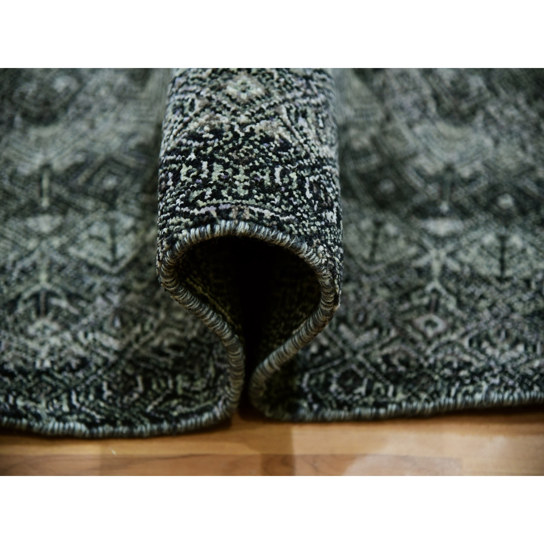 12'x12' Graphite Gray, All Plush Wool, Small Geometric Repetitive Motifs Round Kohinoor Herat Pattern, Hand Knotted, Oriental Rug HR79999 - Image 5