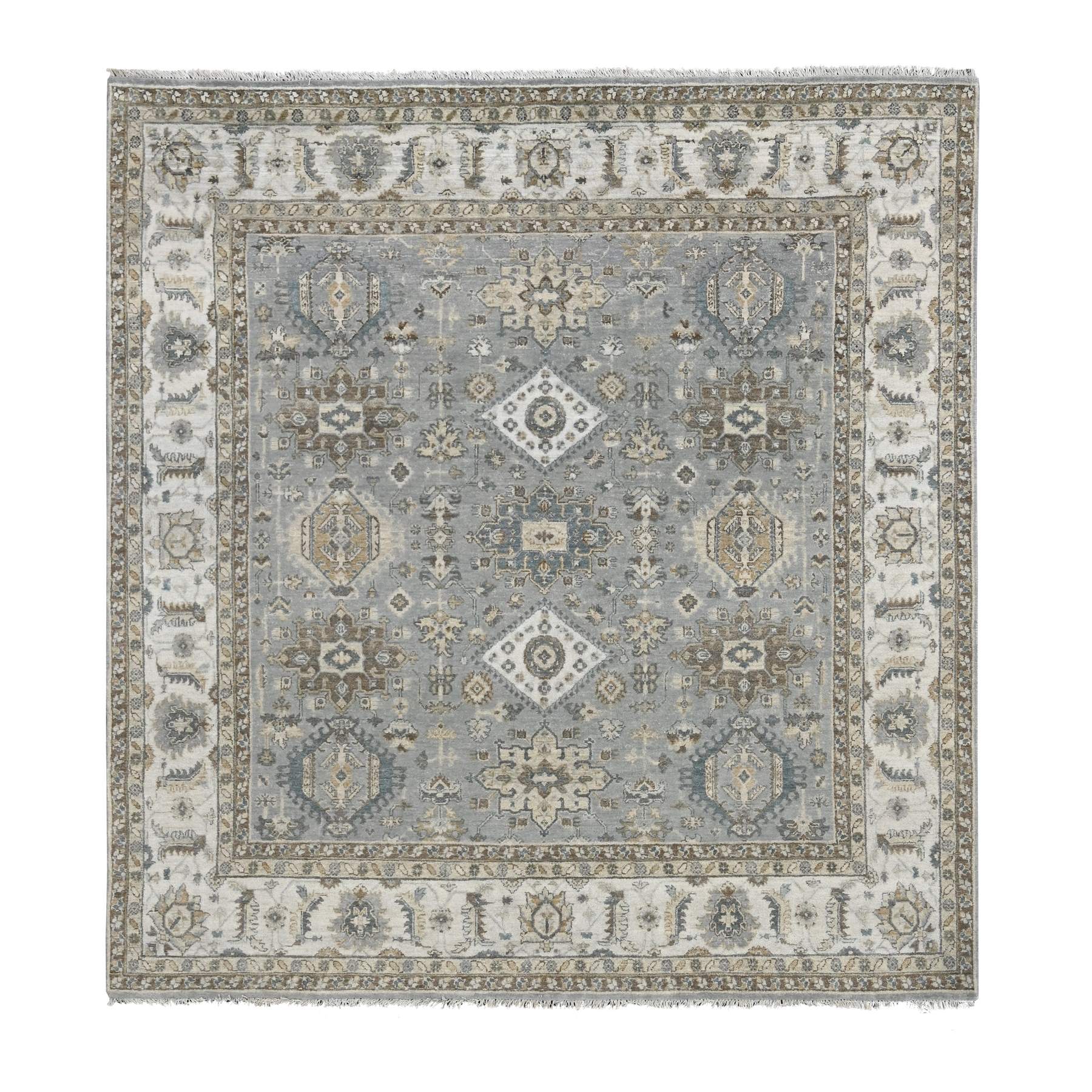 8'x8' Gray and Ivory, Karajeh Design with Geometric Medallion, Natural Wool, Square Oriental Rug HR84205