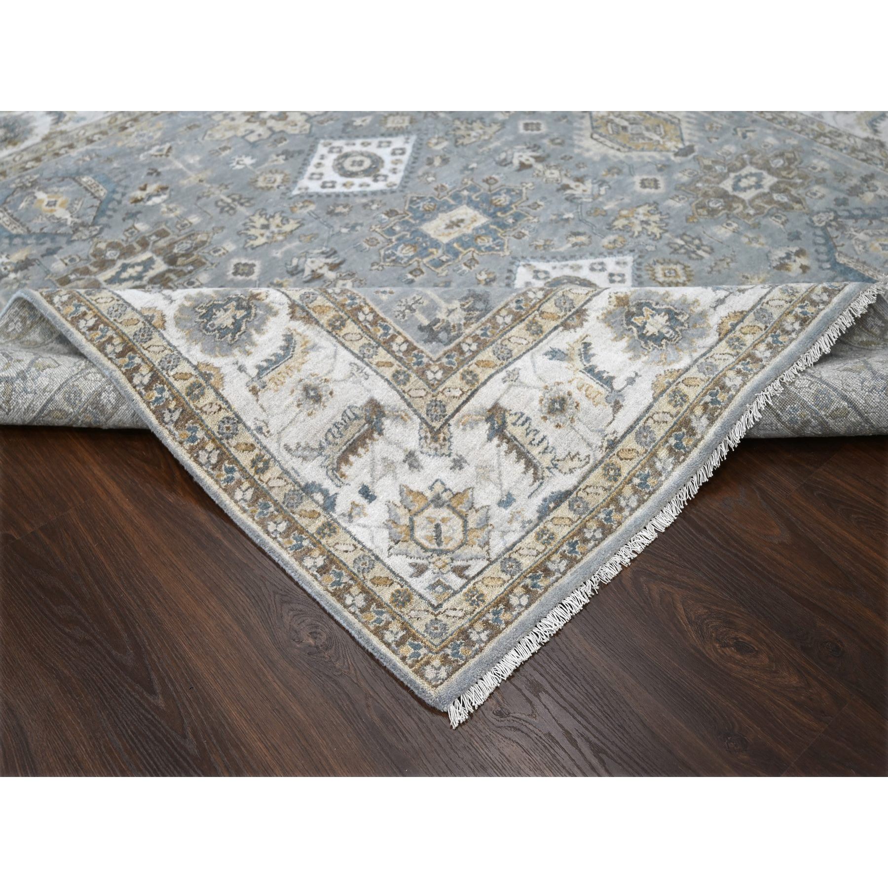 8'x8' Gray and Ivory, Karajeh Design with Geometric Medallion, Natural Wool, Square Oriental Rug HR84205 - Image 6