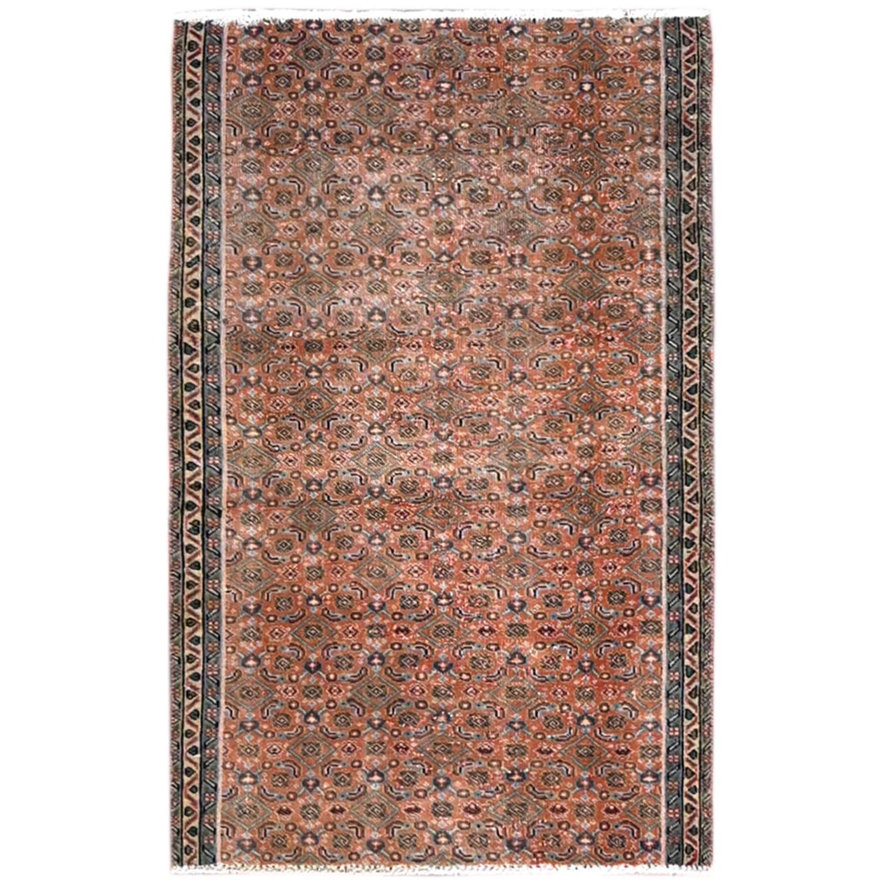 2'5"x3'8" Savanna Brown, Hand Knotted, Vintage North West Persian Fragment, All Over Design, Evenly Worn, Vibrant Wool, Cropped Thin, Distressed, Sides and Ends Professionally Secured, Abrash Mat Oriental Rug HR86683