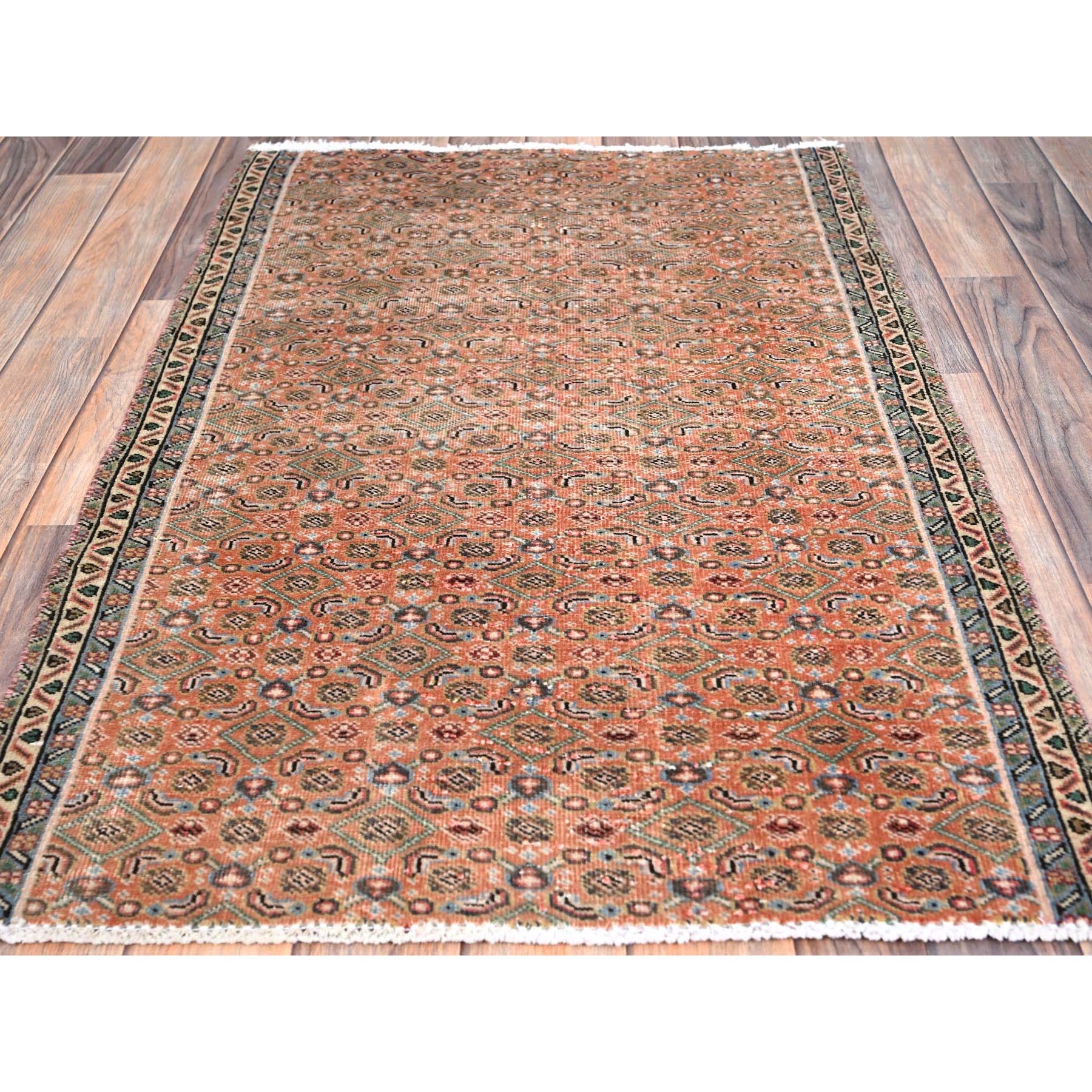 2'5"x3'8" Savanna Brown, Hand Knotted, Vintage North West Persian Fragment, All Over Design, Evenly Worn, Vibrant Wool, Cropped Thin, Distressed, Sides and Ends Professionally Secured, Abrash Mat Oriental Rug HR86683 - Image 2