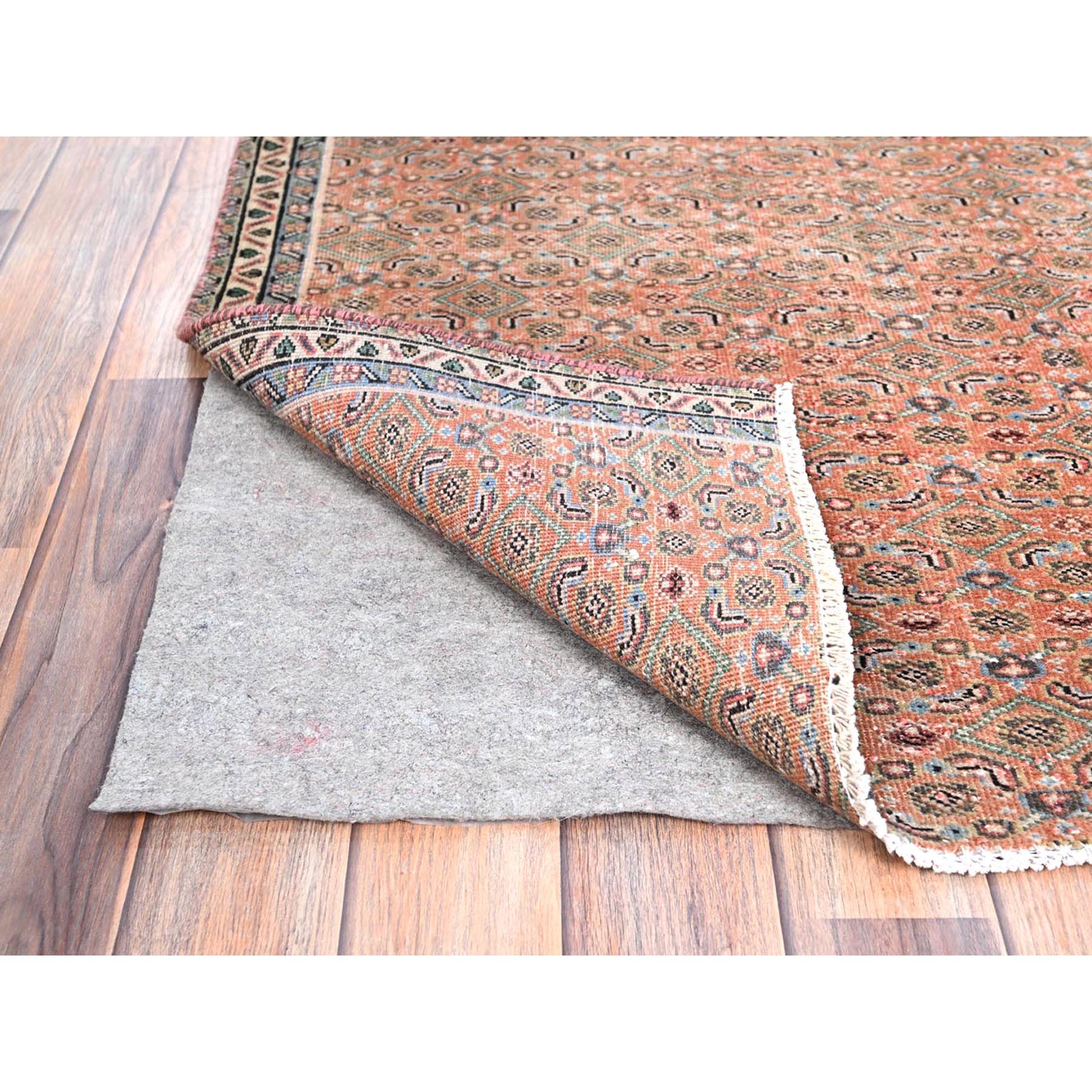 2'5"x3'8" Savanna Brown, Hand Knotted, Vintage North West Persian Fragment, All Over Design, Evenly Worn, Vibrant Wool, Cropped Thin, Distressed, Sides and Ends Professionally Secured, Abrash Mat Oriental Rug HR86683 - Image 3