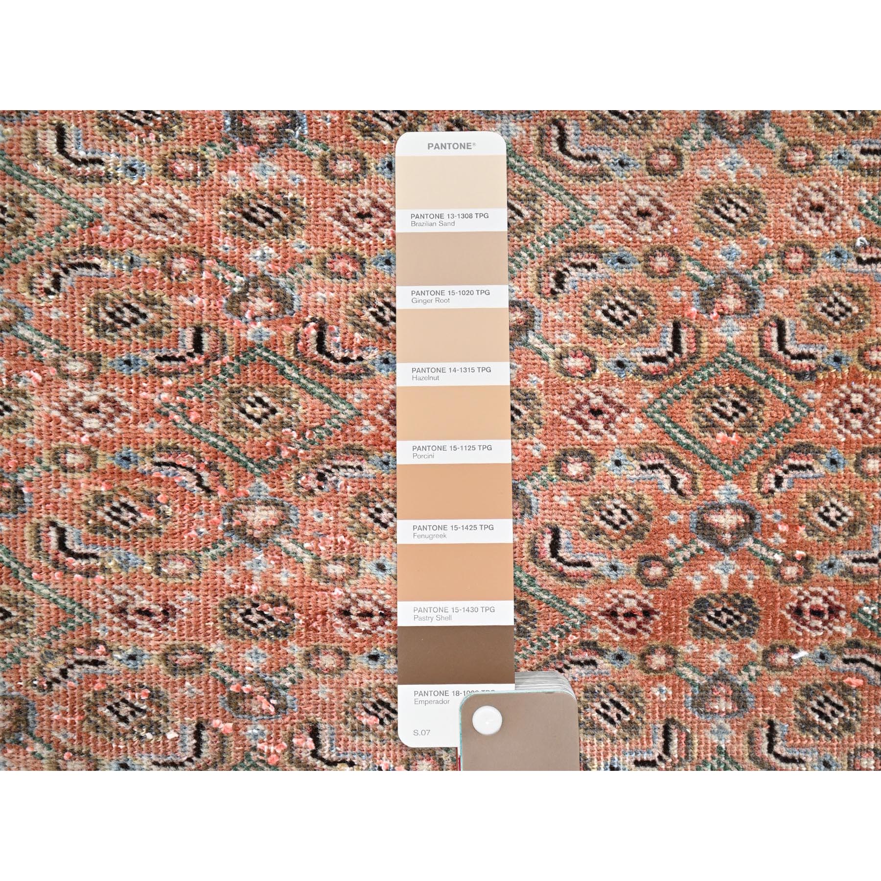 2'5"x3'8" Savanna Brown, Hand Knotted, Vintage North West Persian Fragment, All Over Design, Evenly Worn, Vibrant Wool, Cropped Thin, Distressed, Sides and Ends Professionally Secured, Abrash Mat Oriental Rug HR86683 - Image 4