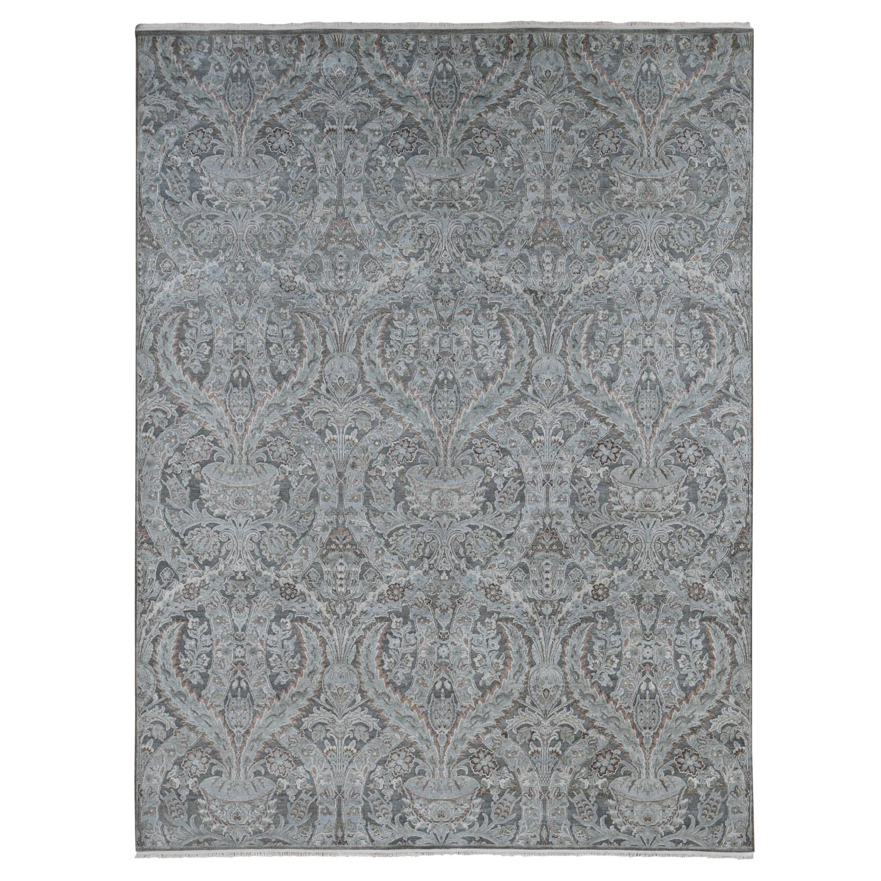 9'x12'2" Ultimate Gray, Pure Silk with Textured Wool, Wreath and Urns Design, Hand Knotted, Oriental Rug HR87073
