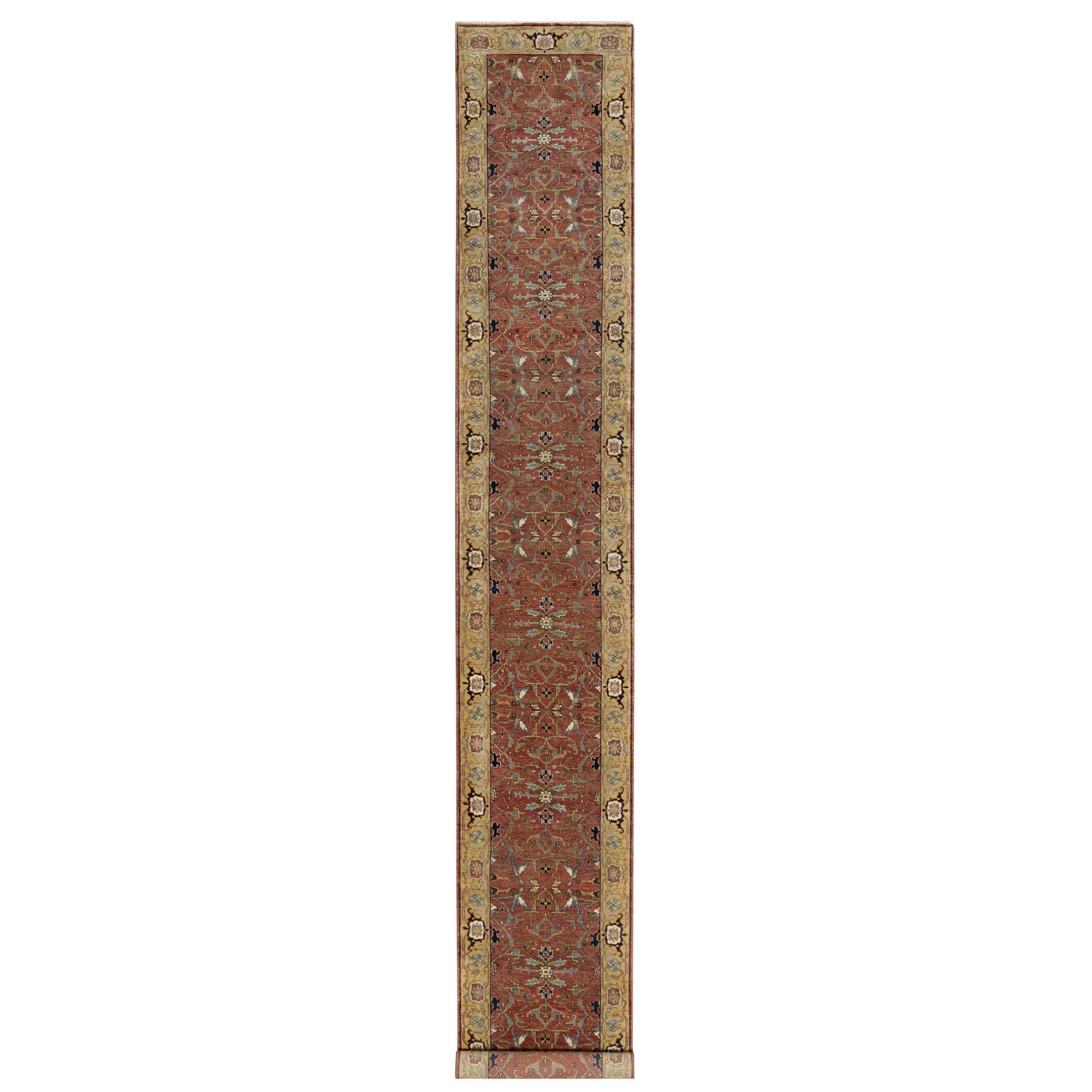 2'7"x18'2" Currant Red With Satin Sheen Gold, Soft Pile Vibrant Wool, Vegetable Dyes and Denser Weave, Antiqued Fine Heriz Re-Creation, Hand Knotted, Oriental XL Runner Rug HR90915