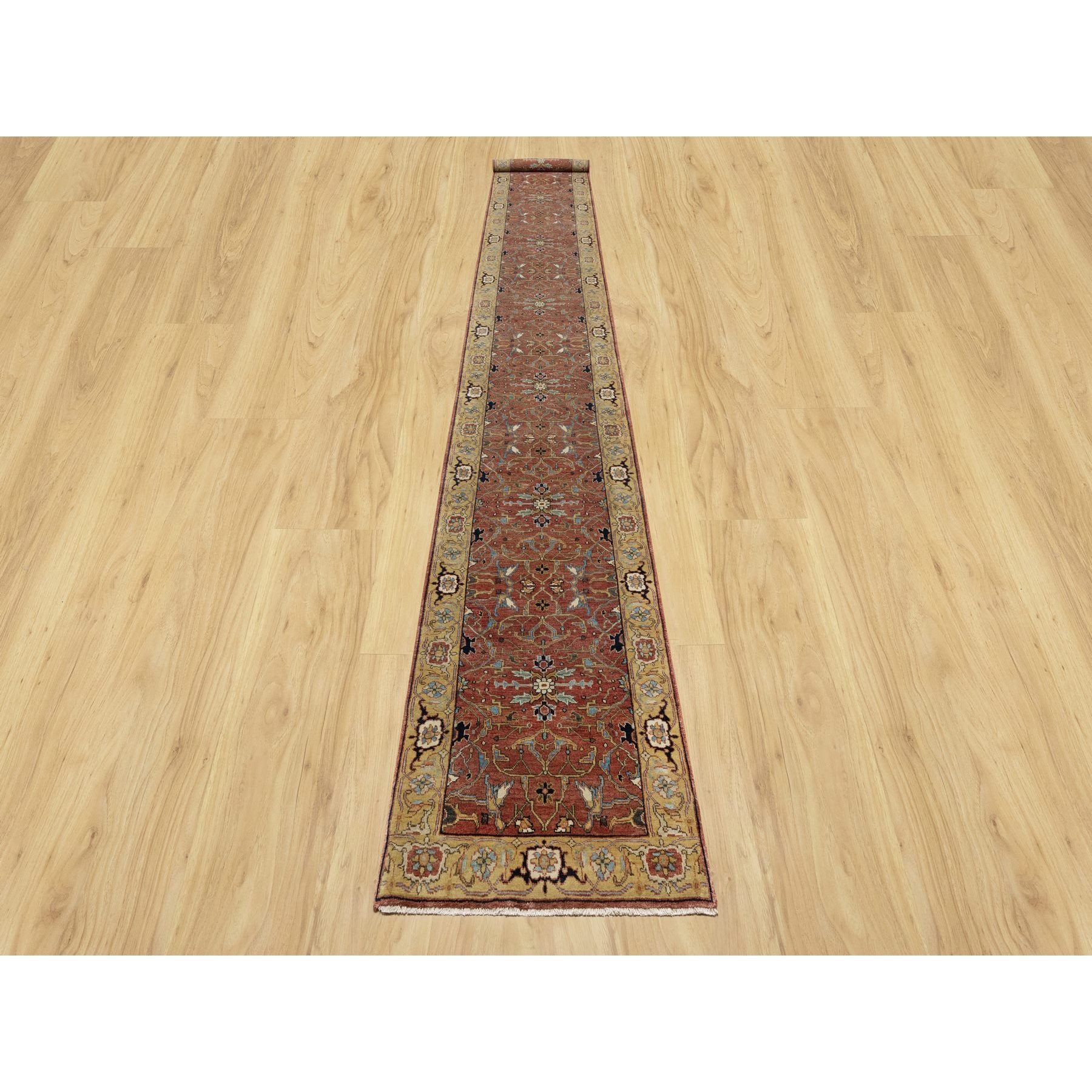 2'7"x18'2" Currant Red With Satin Sheen Gold, Soft Pile Vibrant Wool, Vegetable Dyes and Denser Weave, Antiqued Fine Heriz Re-Creation, Hand Knotted, Oriental XL Runner Rug HR90915 - Image 2