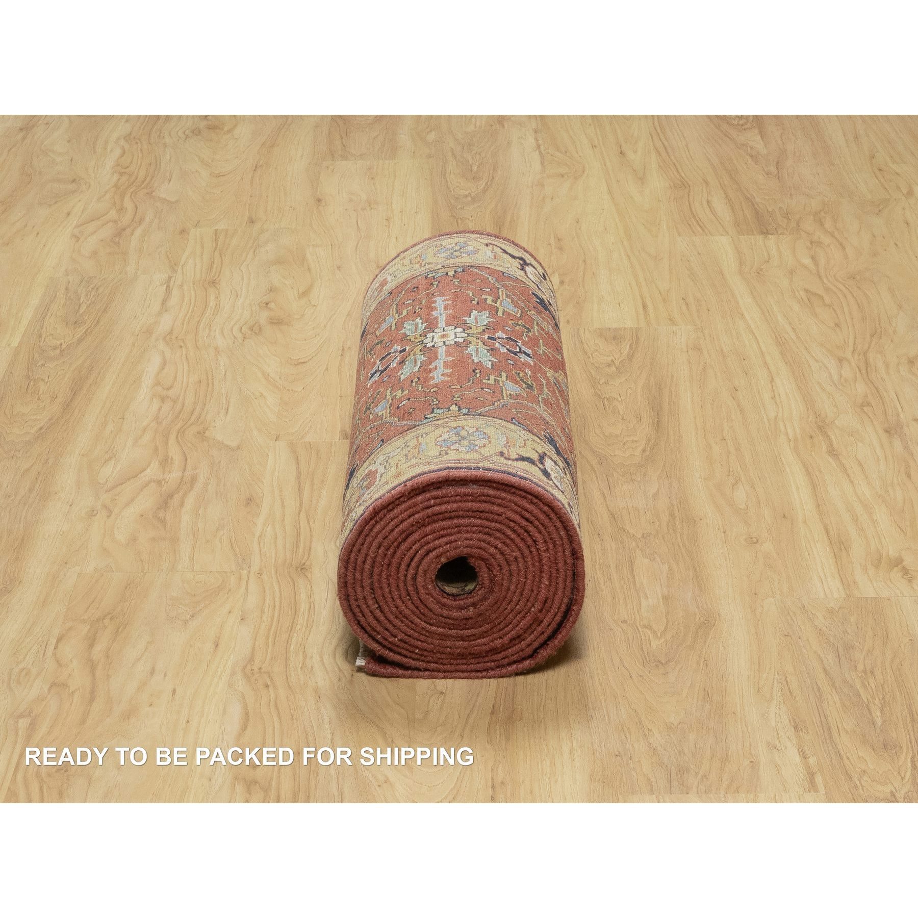2'7"x18'2" Currant Red With Satin Sheen Gold, Soft Pile Vibrant Wool, Vegetable Dyes and Denser Weave, Antiqued Fine Heriz Re-Creation, Hand Knotted, Oriental XL Runner Rug HR90915 - Image 6