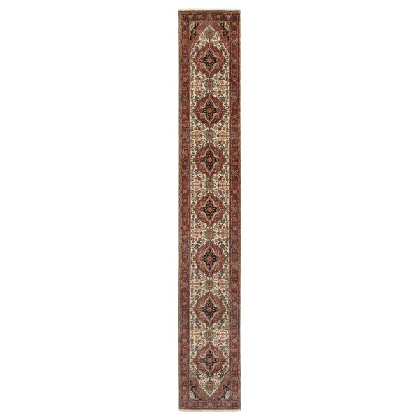 2'6"x16'1" Angora White, Antiqued Fine Heriz Re-Creation With Red Border, Vegetable Dyes, Hand Knotted With Large Motifs, Plush Soft Pile, Densely Woven, Extra Soft Wool, XL Runner, Oriental Rug HR90924