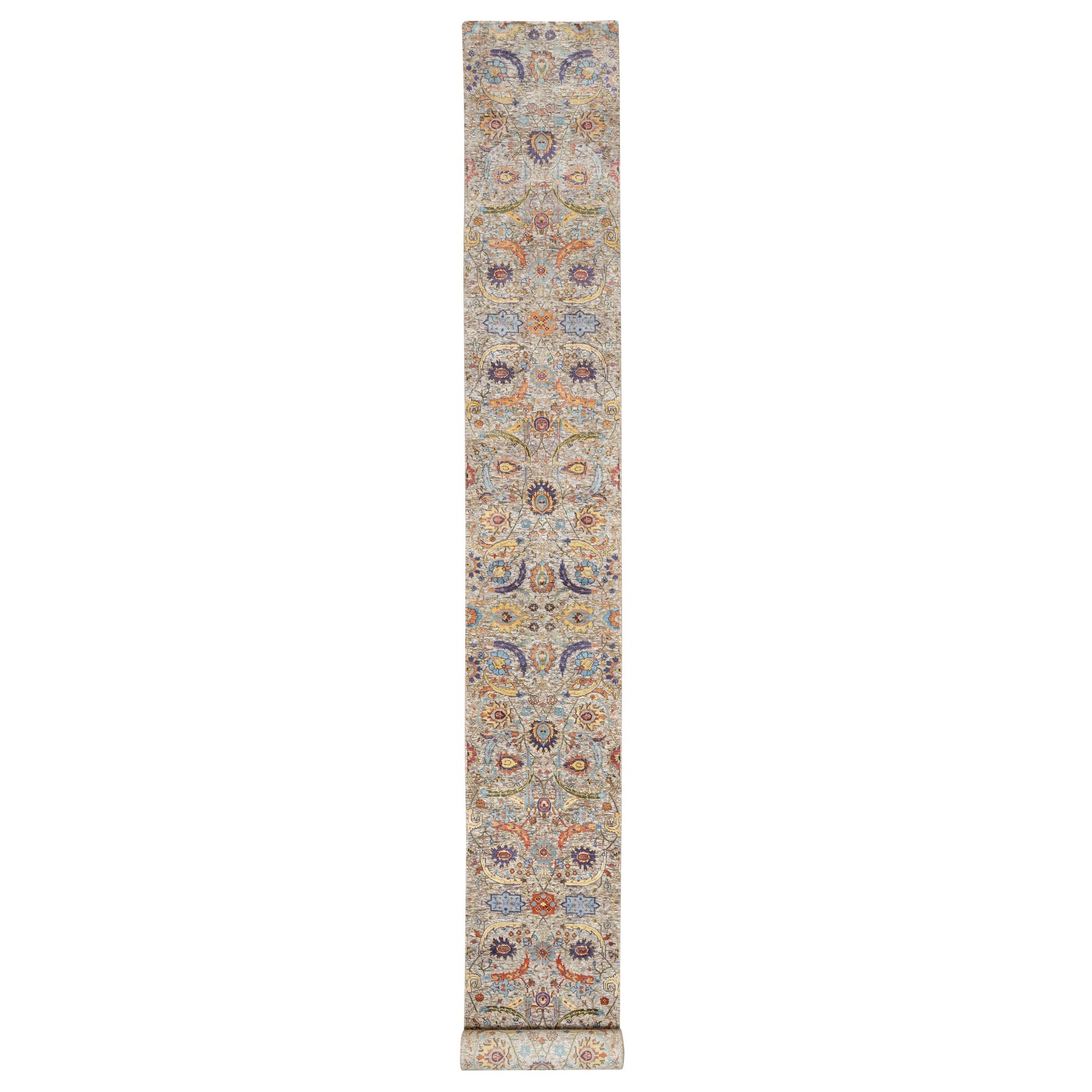 2'7"x23'10" Eggnog White, Silk With Textured Wool, Hand Knotted Sickle Leaf Design, Soft and Plush, Hand Knotted Oriental XL Runner Rug HR90943