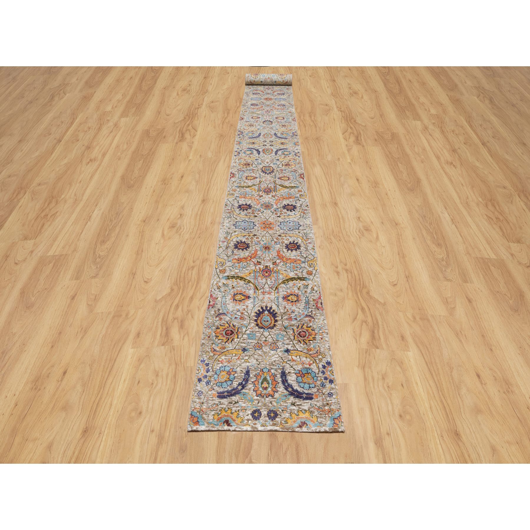 2'7"x23'10" Eggnog White, Silk With Textured Wool, Hand Knotted Sickle Leaf Design, Soft and Plush, Hand Knotted Oriental XL Runner Rug HR90943 - Image 2