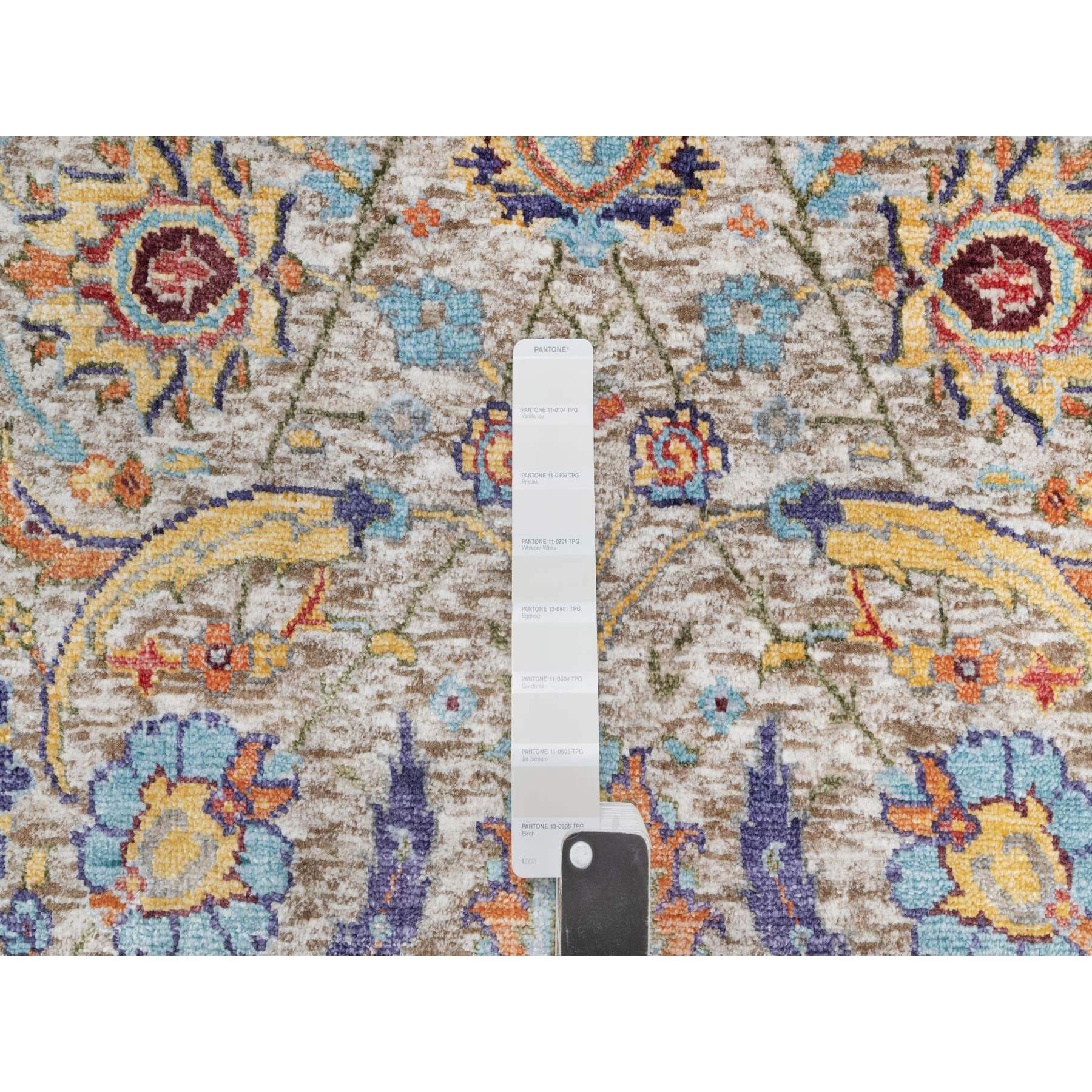 2'7"x23'10" Eggnog White, Silk With Textured Wool, Hand Knotted Sickle Leaf Design, Soft and Plush, Hand Knotted Oriental XL Runner Rug HR90943 - Image 4