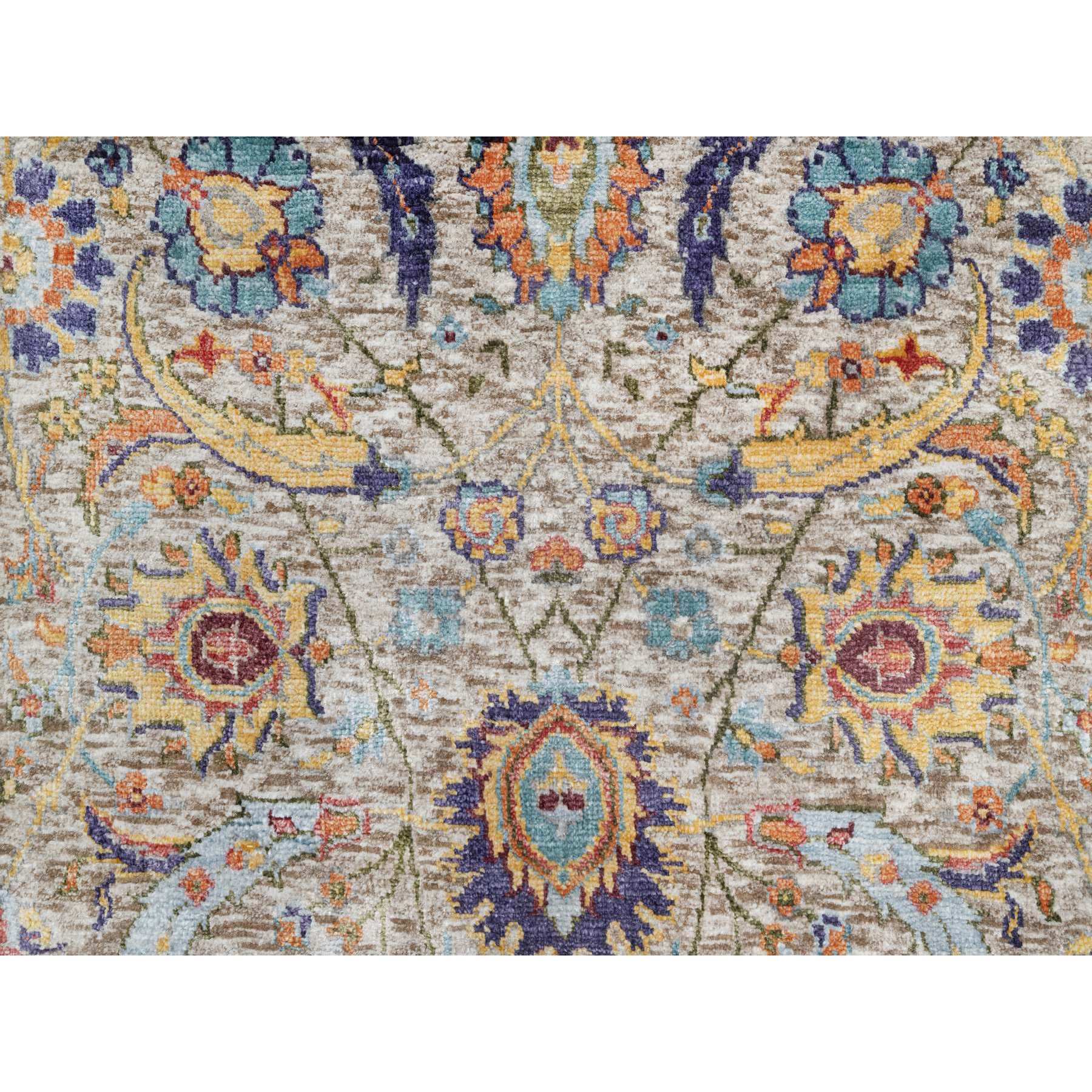 2'7"x23'10" Eggnog White, Silk With Textured Wool, Hand Knotted Sickle Leaf Design, Soft and Plush, Hand Knotted Oriental XL Runner Rug HR90943 - Image 5