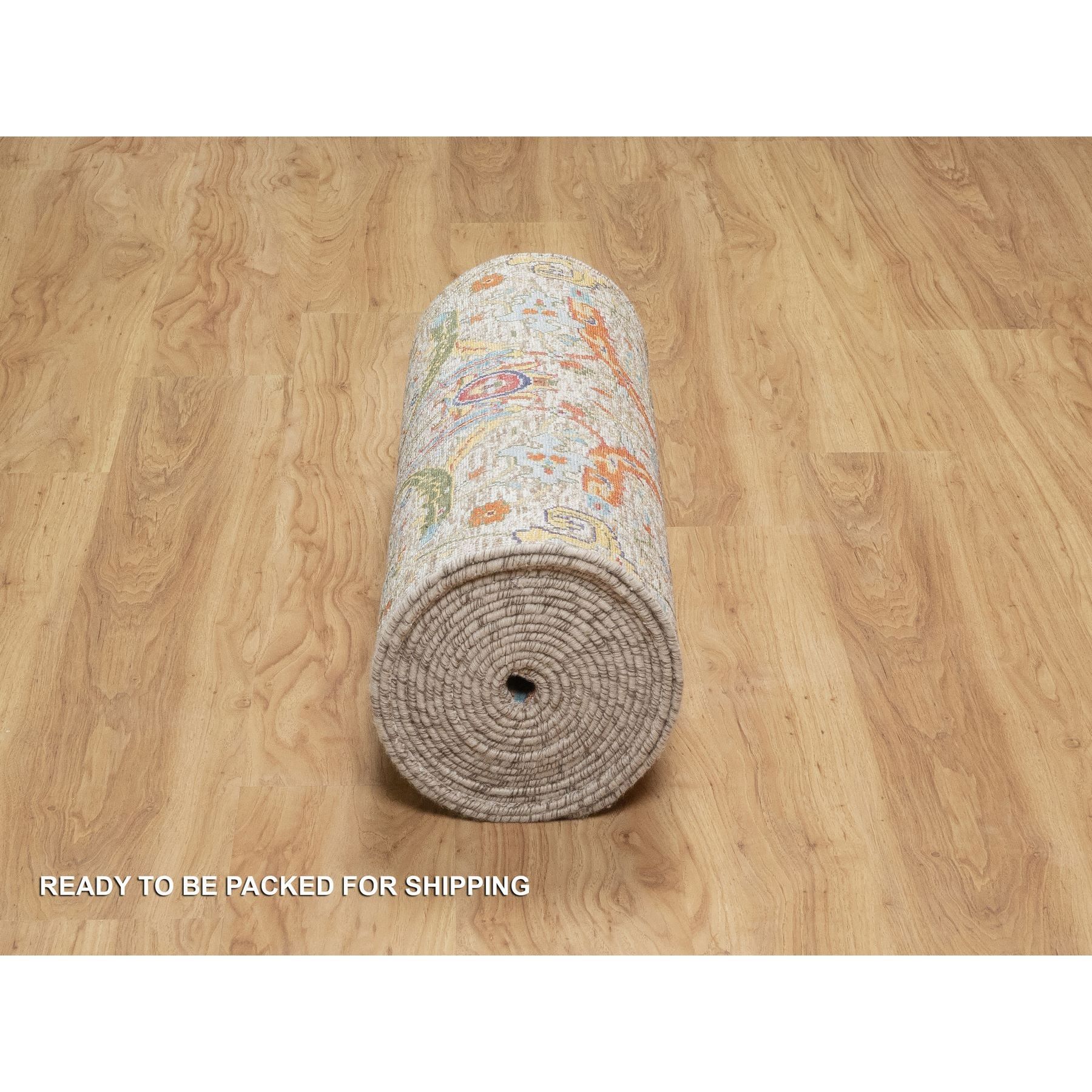 2'7"x23'10" Eggnog White, Silk With Textured Wool, Hand Knotted Sickle Leaf Design, Soft and Plush, Hand Knotted Oriental XL Runner Rug HR90943 - Image 6