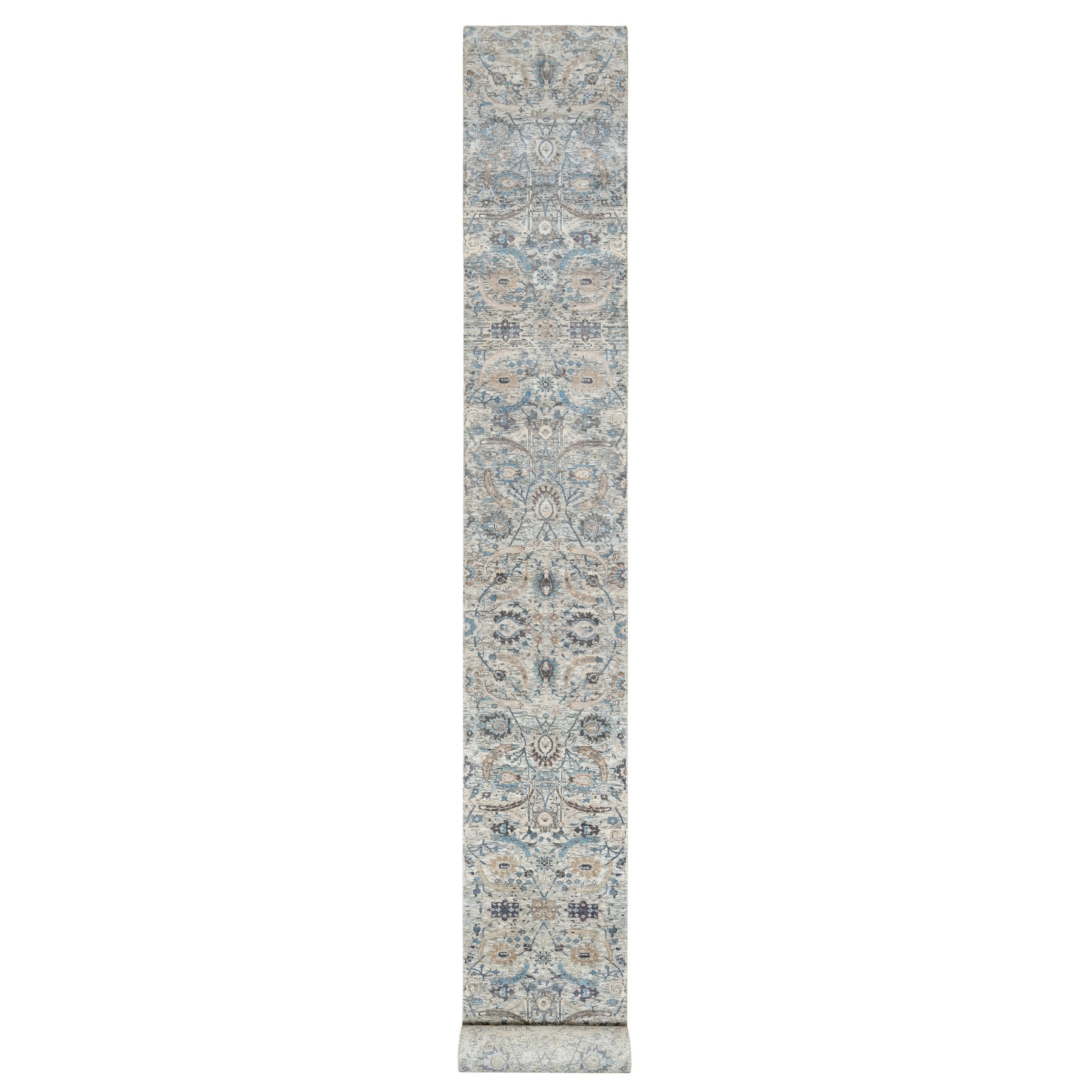 2'7"x25'9" Pristine White, Hand Knotted, Borderless Sickle Leaf Design, Soft Pile Silk With Textured Wool, XL Runner Oriental Rug HR90944