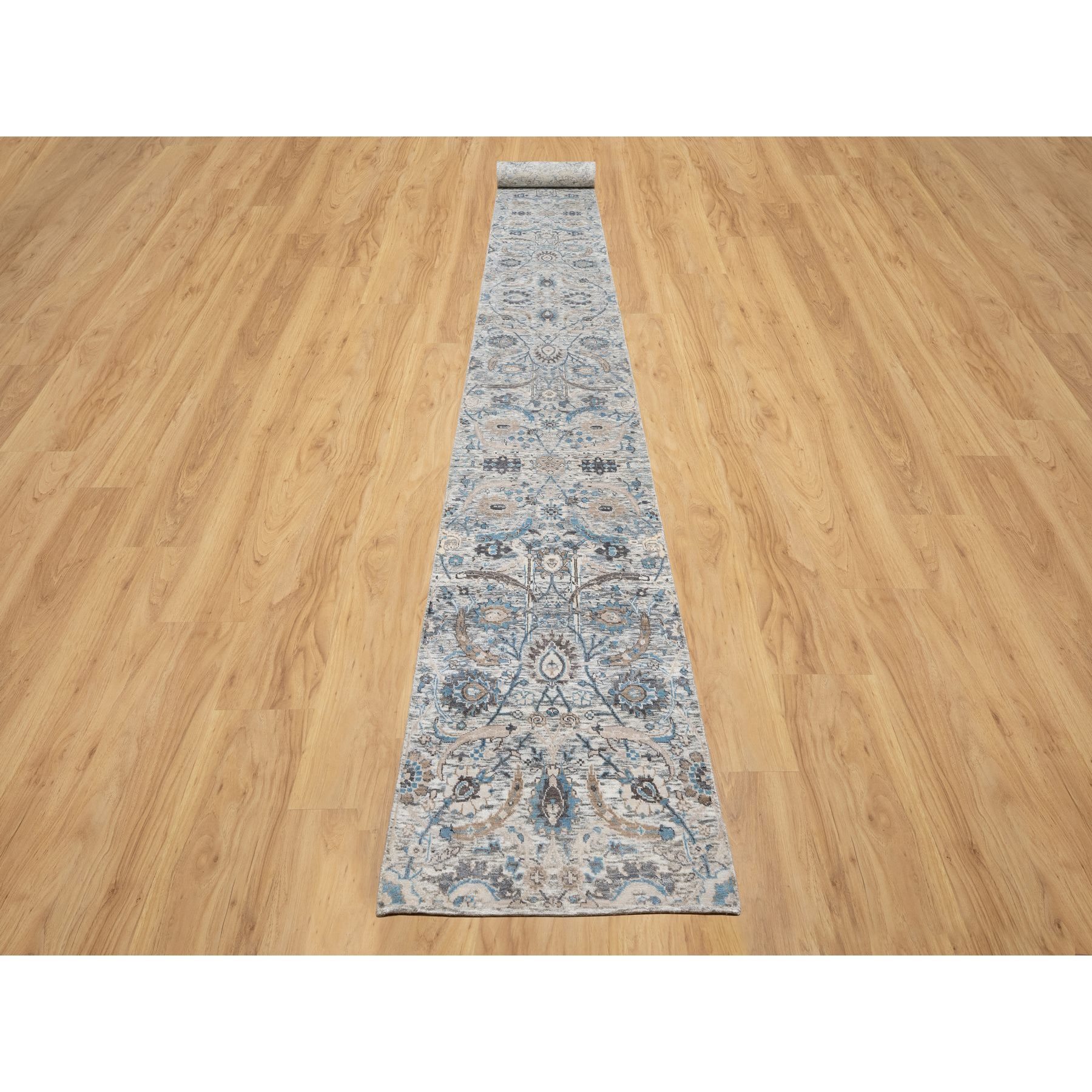 2'7"x25'9" Pristine White, Hand Knotted, Borderless Sickle Leaf Design, Soft Pile Silk With Textured Wool, XL Runner Oriental Rug HR90944 - Image 2