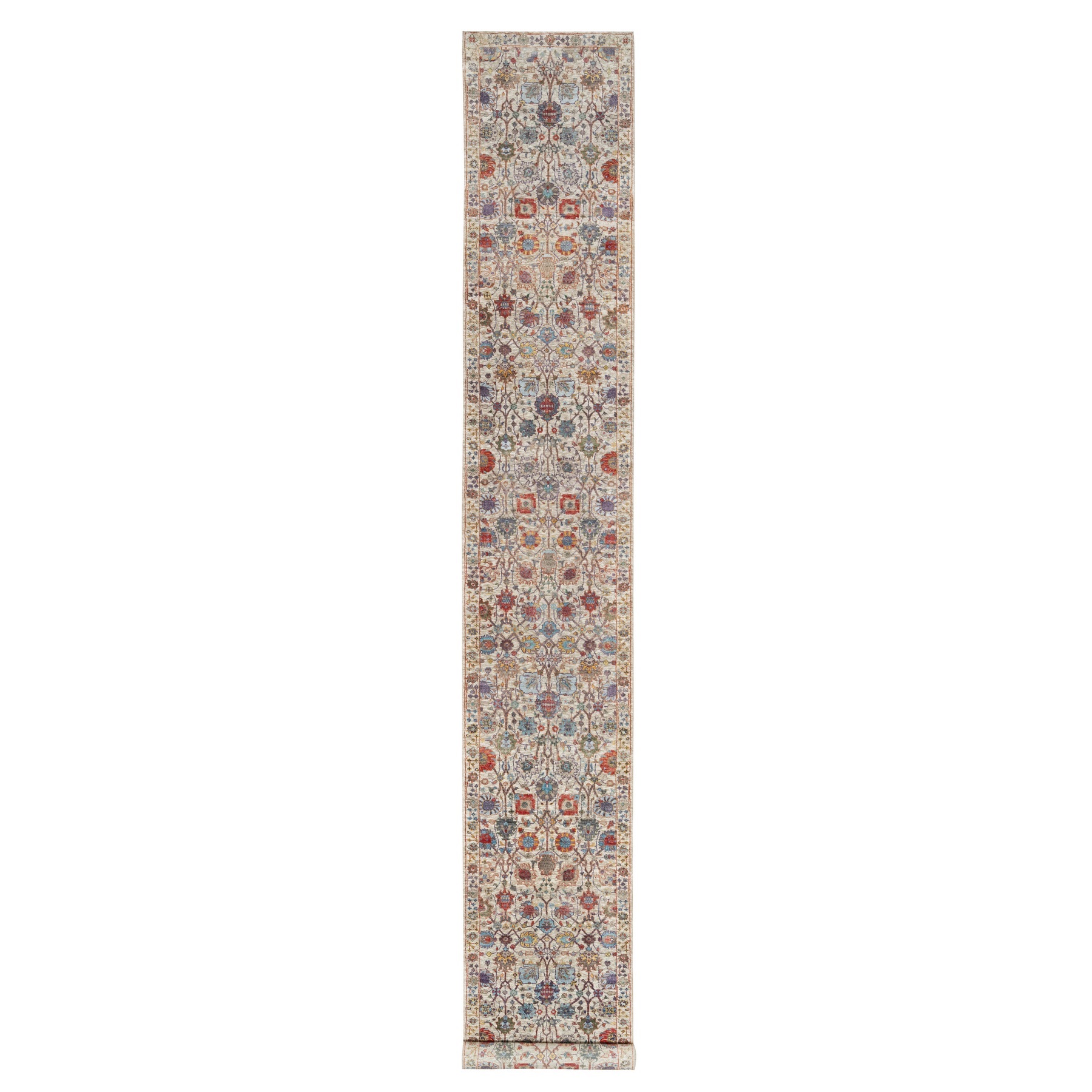 2'6"x18'4" Dover White, Tabriz Vase With Flower Design, Hand Knotted Silk With Textured Wool, Plush and Lush Soft Pile, Colorful Oriental XL Runner Rug HR90945