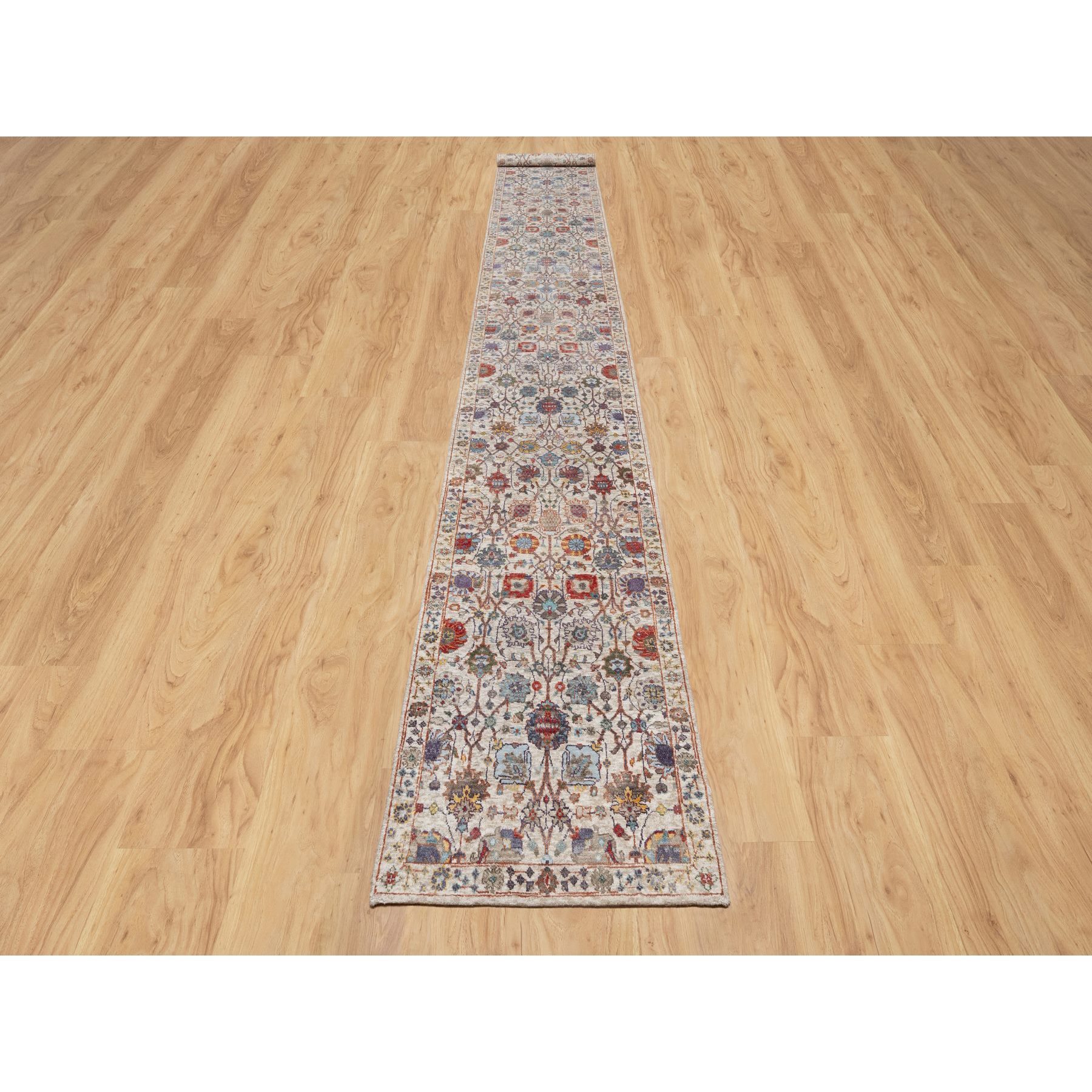 2'6"x18'4" Dover White, Tabriz Vase With Flower Design, Hand Knotted Silk With Textured Wool, Plush and Lush Soft Pile, Colorful Oriental XL Runner Rug HR90945 - Image 2