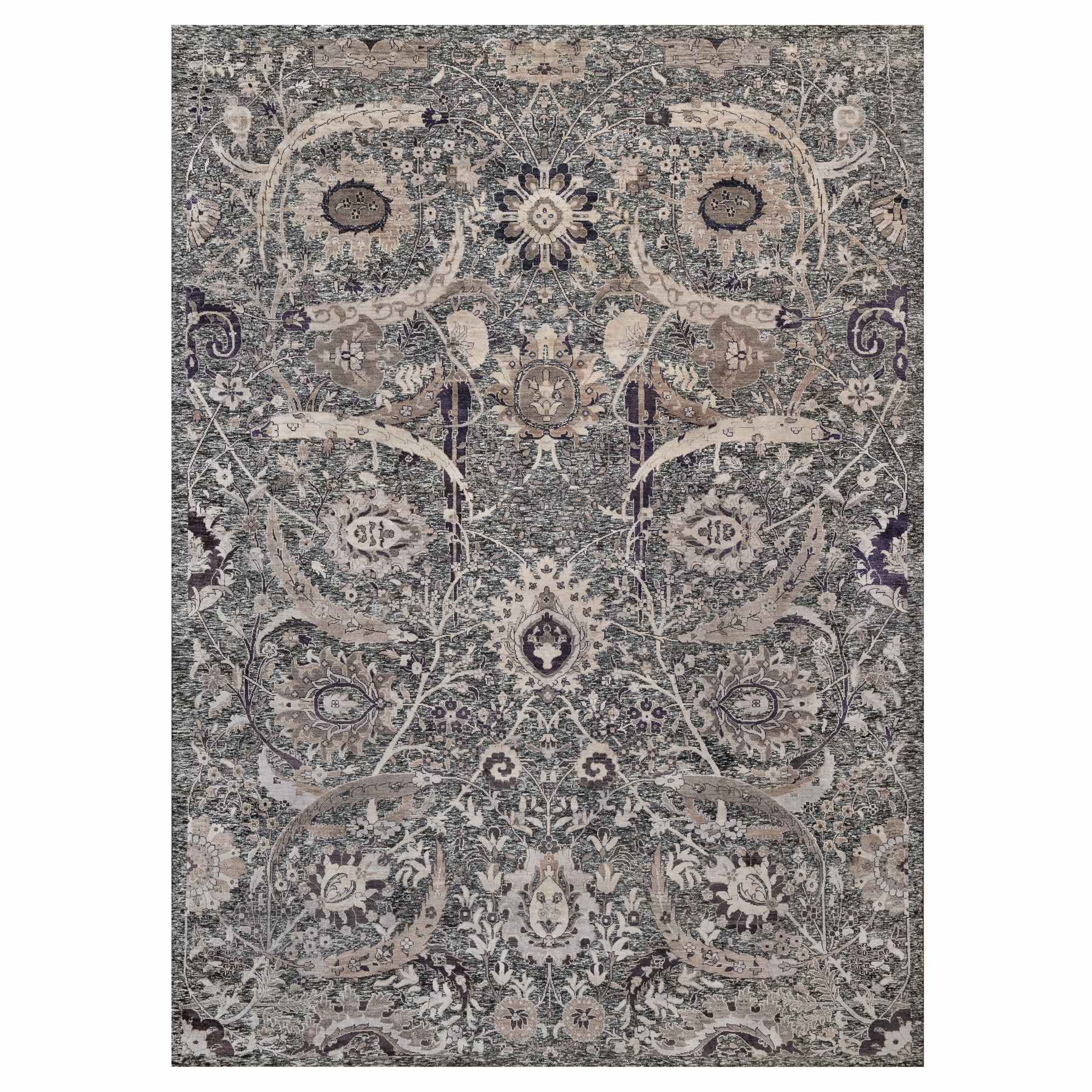 10'x13'10" Major Brown With Essence Of Black, Hand Knotted Sickle Leaf Design Soft Pile, Wool and Silk Oriental Rug HR90948