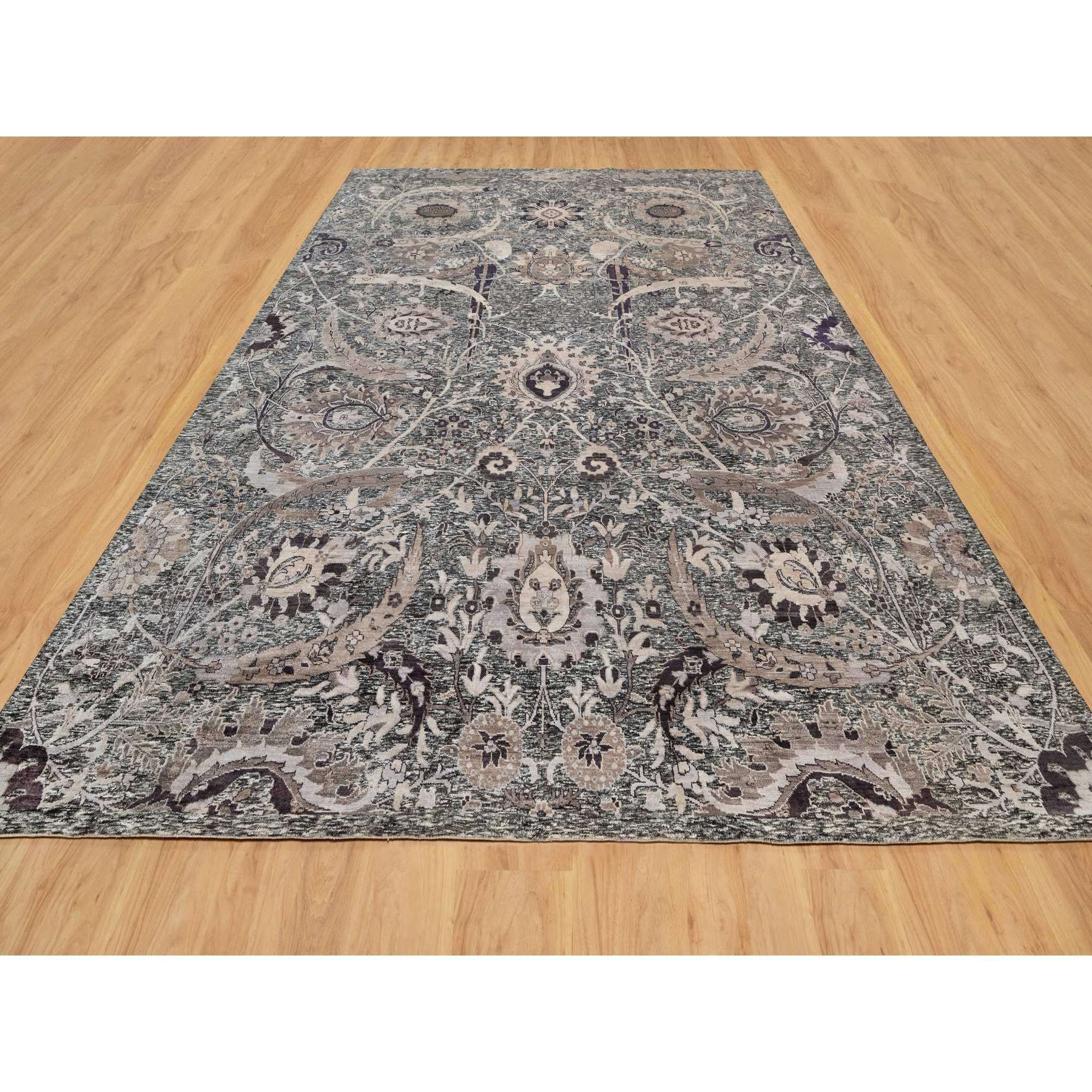 10'x13'10" Major Brown With Essence Of Black, Hand Knotted Sickle Leaf Design Soft Pile, Wool and Silk Oriental Rug HR90948 - Image 2