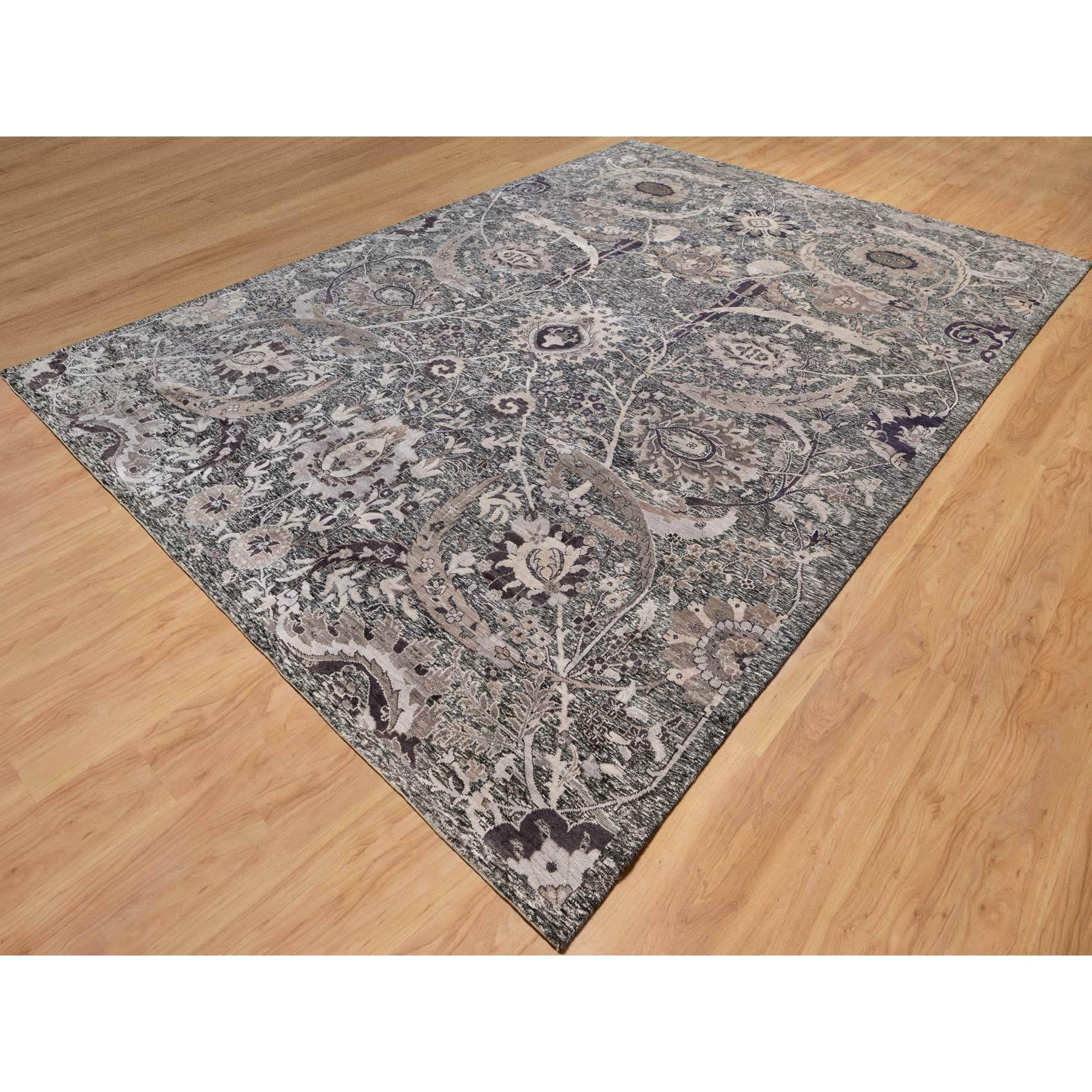 10'x13'10" Major Brown With Essence Of Black, Hand Knotted Sickle Leaf Design Soft Pile, Wool and Silk Oriental Rug HR90948 - Image 3