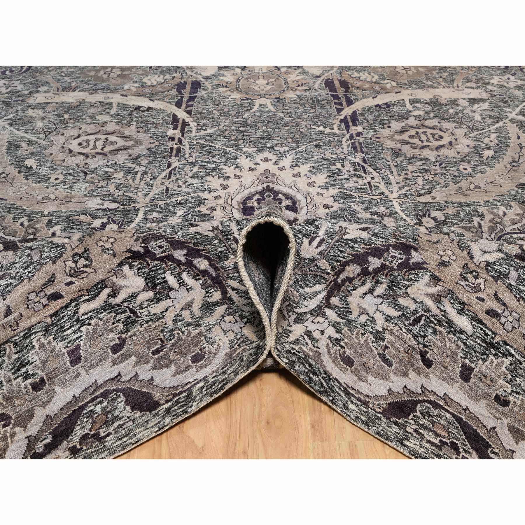 10'x13'10" Major Brown With Essence Of Black, Hand Knotted Sickle Leaf Design Soft Pile, Wool and Silk Oriental Rug HR90948 - Image 5