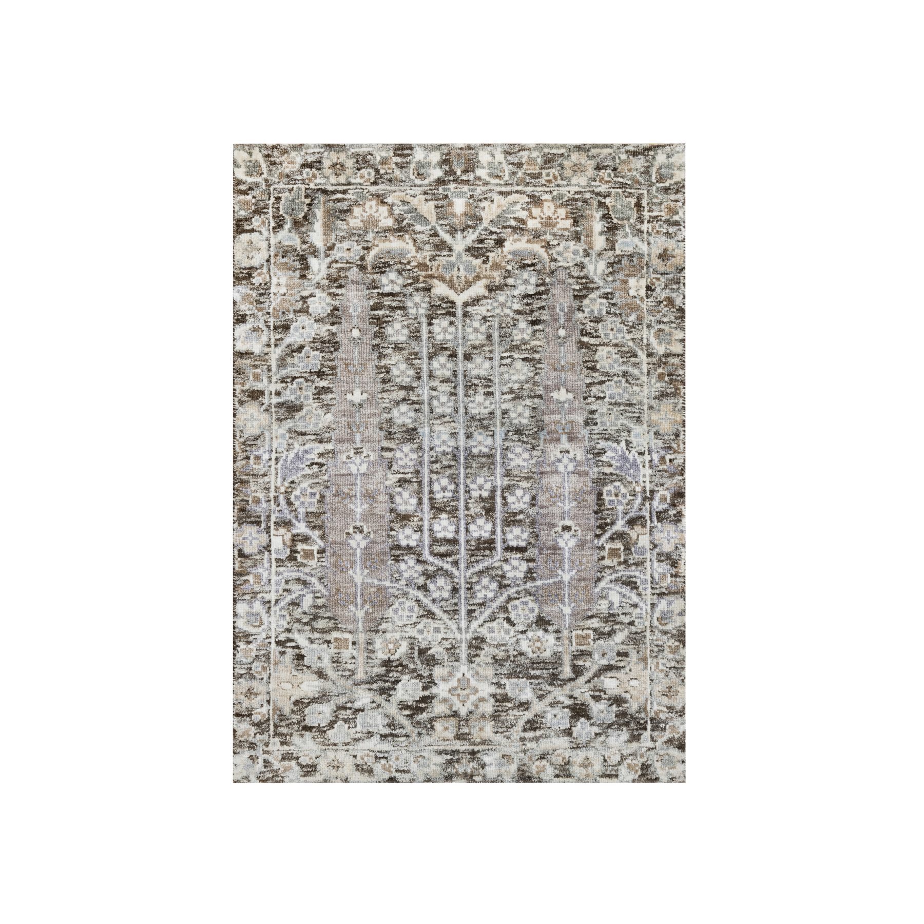 2'1"x3' Fossil Gray, Hand Knotted With Willow And Cypress Tree Design, Silk With Textured Wool, Mat Oriental Rug HR90950