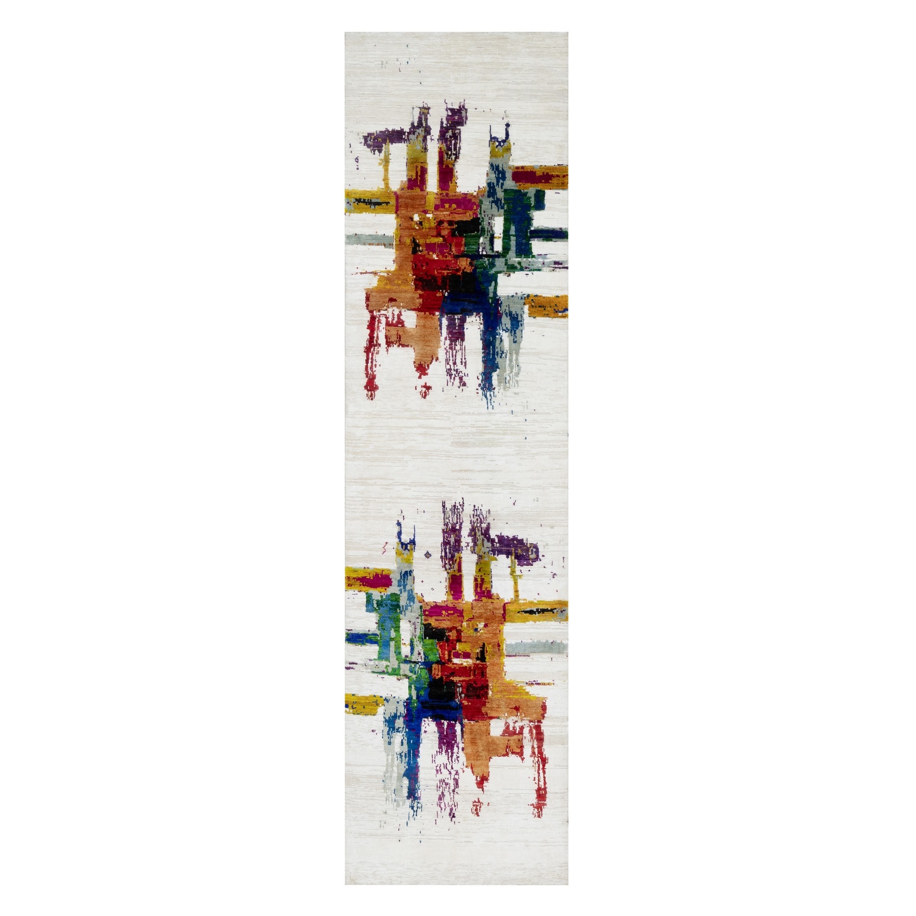 2'6"x9'10" Jet Stream White, Colorful Modern Abstract Motifs Design With Painter's Brush Strokes, Hand Knotted, Wool and Sari Silk, Runner Oriental Rug HR90961