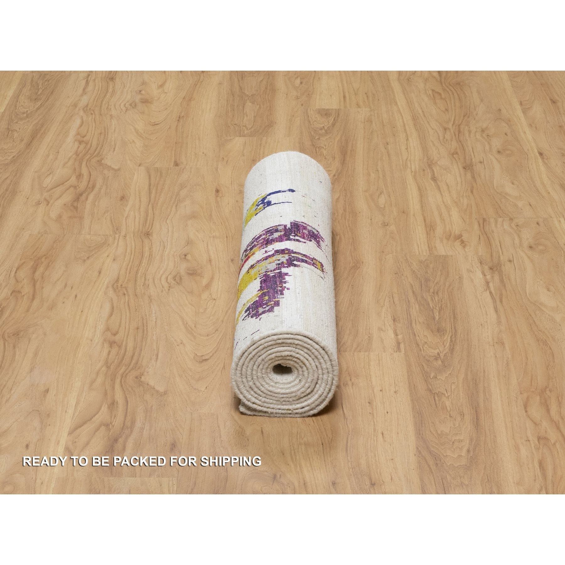 2'6"x9'10" Jet Stream White, Colorful Modern Abstract Motifs Design With Painter's Brush Strokes, Hand Knotted, Wool and Sari Silk, Runner Oriental Rug HR90961 - Image 6
