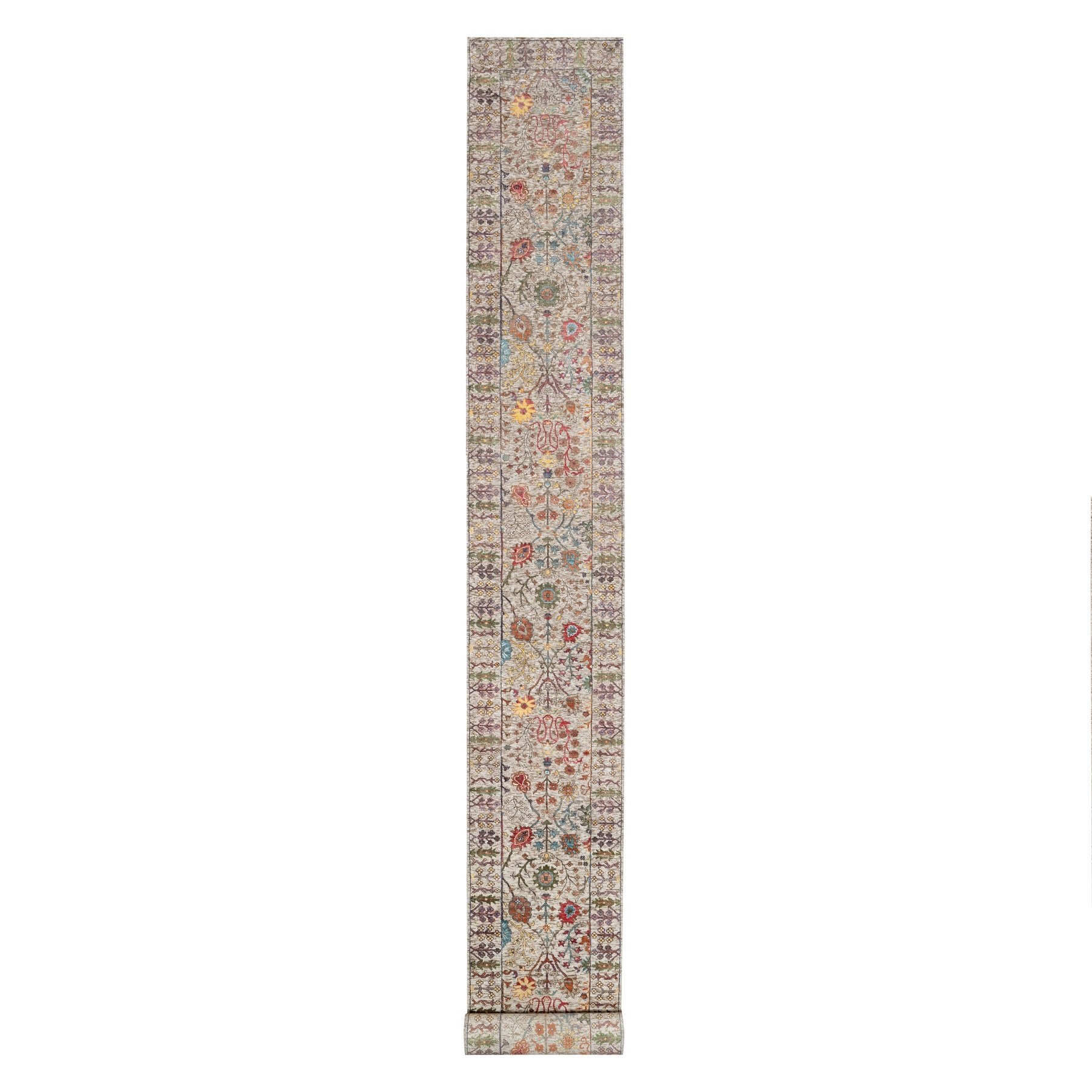 2'6"x23'10" Pearl Bush Beige, Hand Knotted Silk With Textured Wool, Directional Vase Design, Lush and Plush, Soft Pile, XL Runner Oriental Rug HR90963