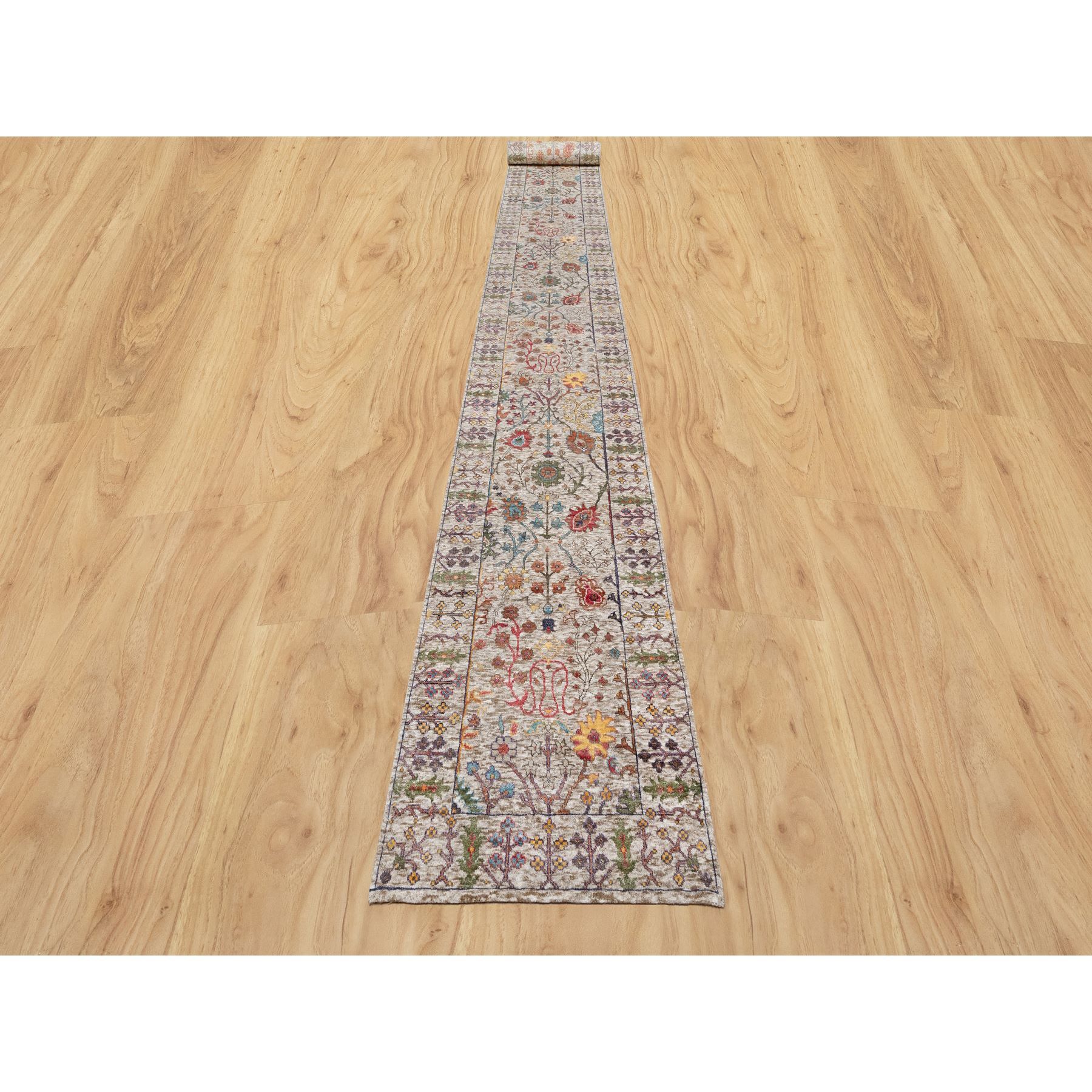 2'6"x23'10" Pearl Bush Beige, Hand Knotted Silk With Textured Wool, Directional Vase Design, Lush and Plush, Soft Pile, XL Runner Oriental Rug HR90963 - Image 2