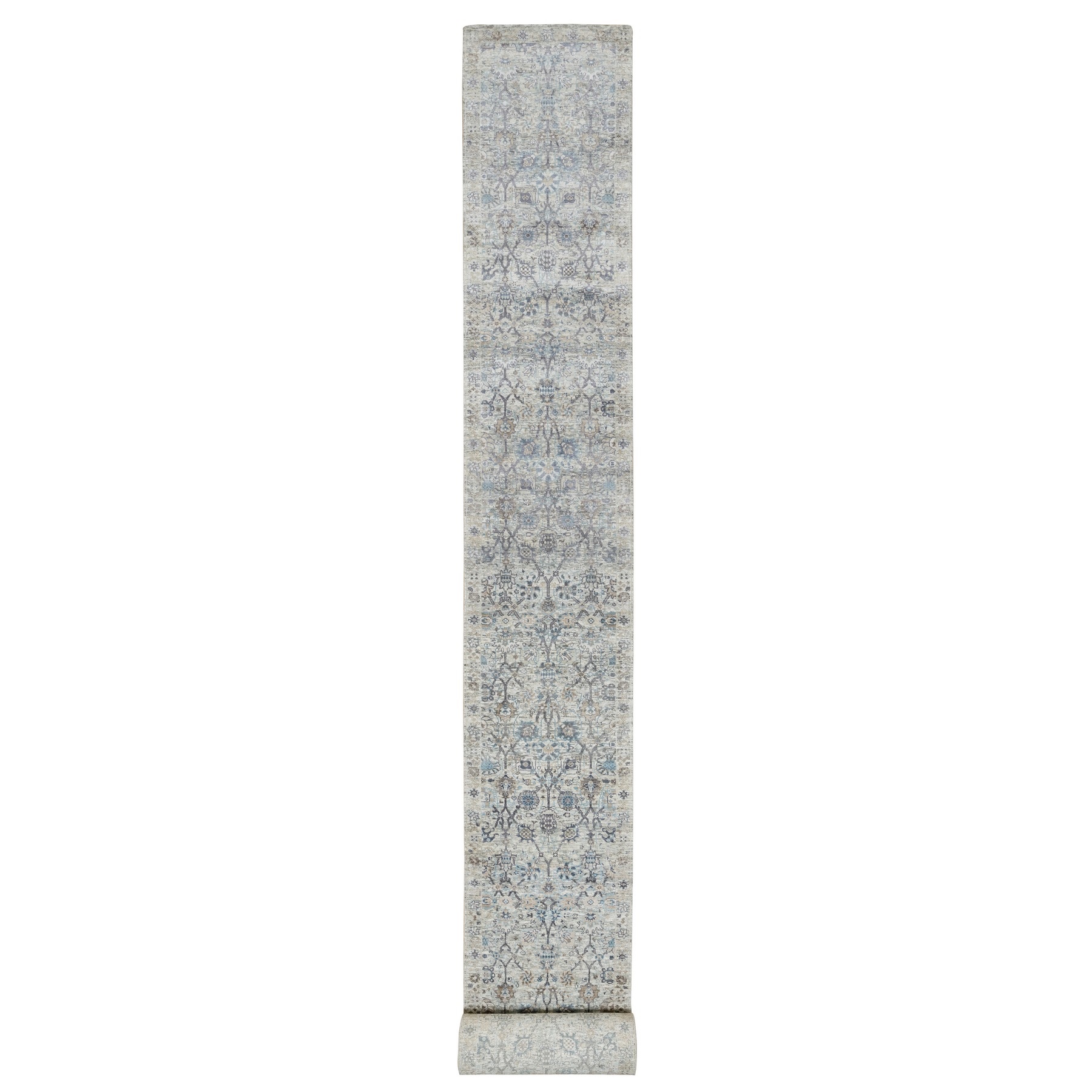 2'7"x27'7" Solstice White, Hand Knotted, Tabriz Vase With Pomegranate Design, Silk With Textured Wool, Soft and Vibrant Pile, XL Runner Oriental Rug HR90968