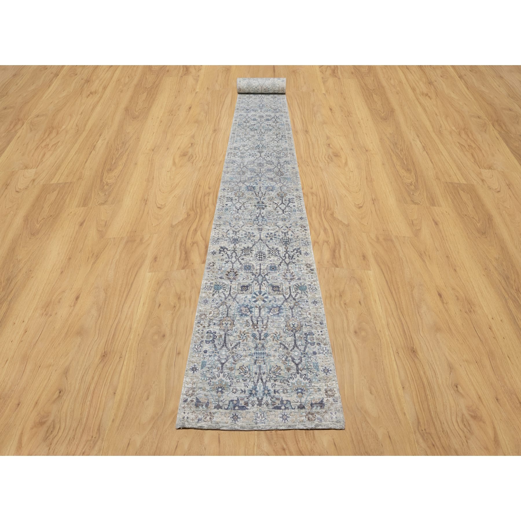 2'7"x27'7" Solstice White, Hand Knotted, Tabriz Vase With Pomegranate Design, Silk With Textured Wool, Soft and Vibrant Pile, XL Runner Oriental Rug HR90968 - Image 2