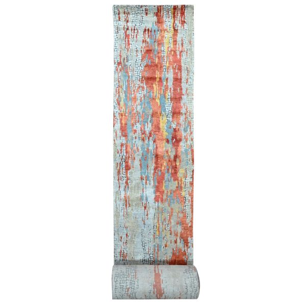 2'5"x25'8" Dark Coral with Cloud Gray, Abstract with Fire Mosaic Design, Hand Knotted, Wool and Silk, XL Runner, Oriental Rug HR10064