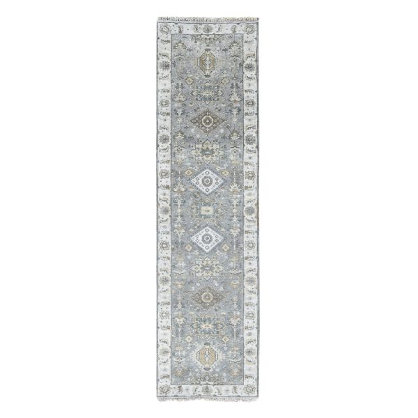 2'7"x9'9" Cloud Gray, Organic Wool, Karajeh and Geometric Design, Hand Knotted, Runner, Oriental Rug HR10073