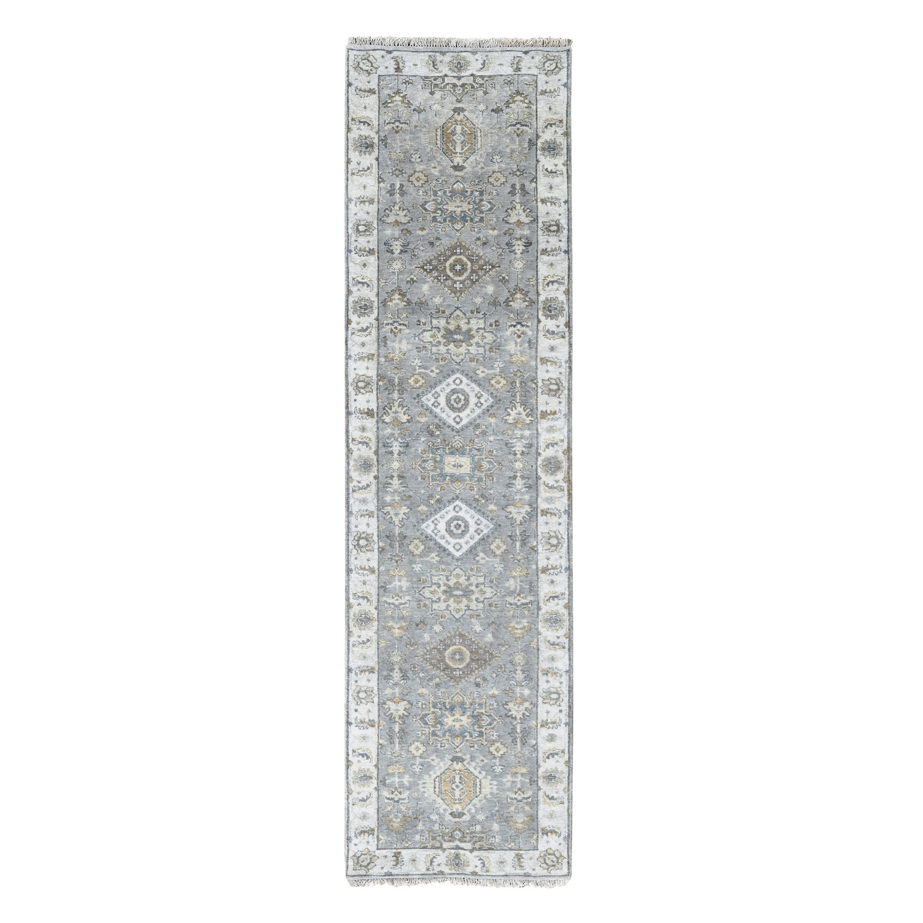2'7"x9'9" Cloud Gray, Organic Wool, Karajeh and Geometric Design, Hand Knotted, Runner, Oriental Rug HR10073