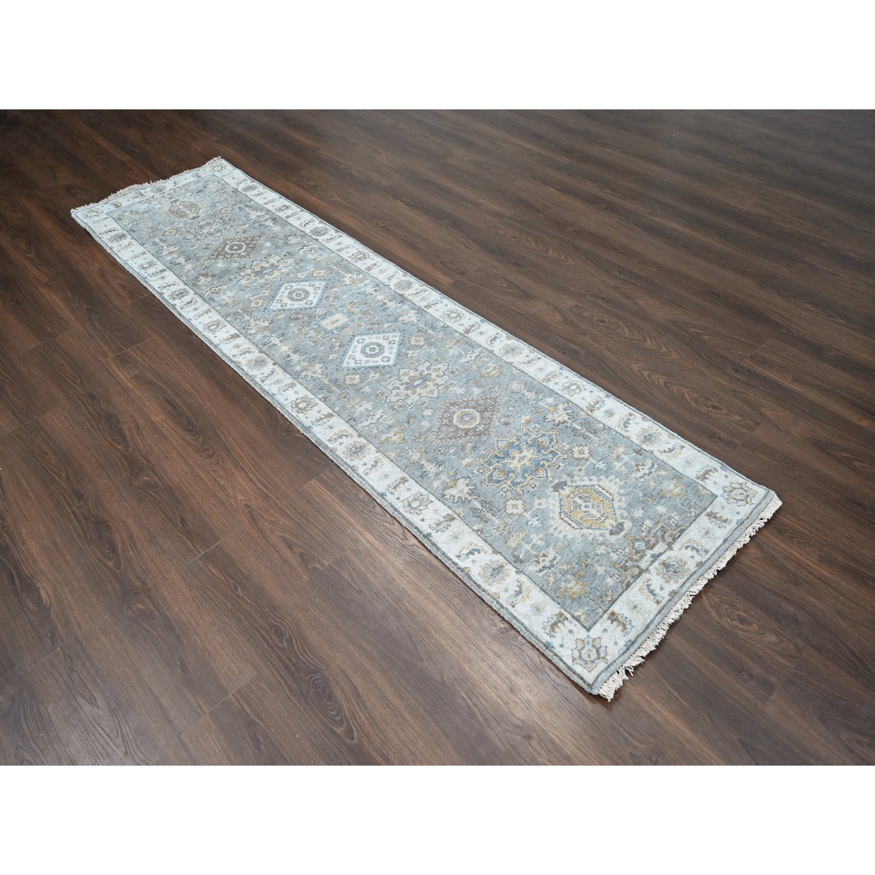2'7"x9'9" Cloud Gray, Organic Wool, Karajeh and Geometric Design, Hand Knotted, Runner, Oriental Rug HR10073 - Image 2