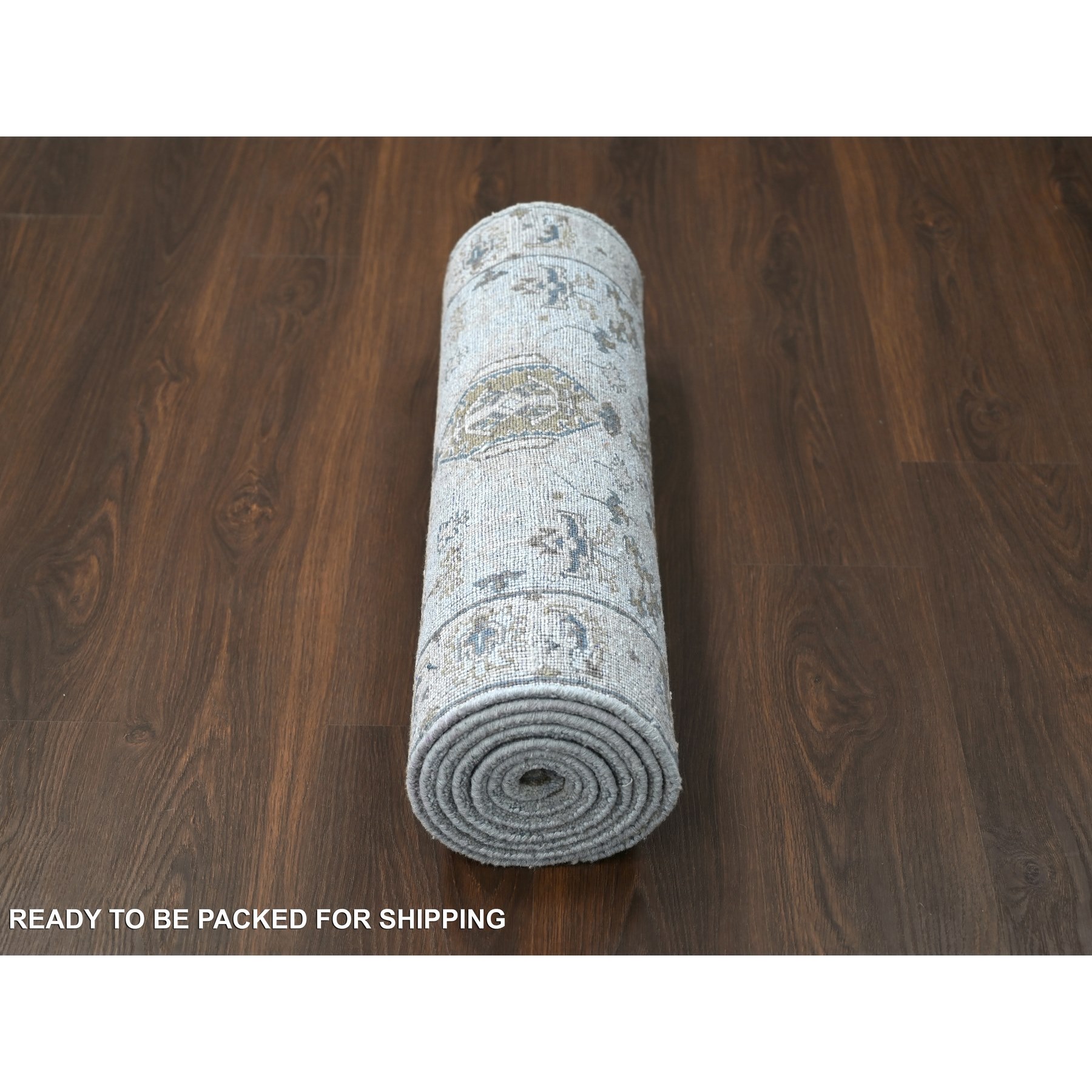 2'7"x9'9" Cloud Gray, Organic Wool, Karajeh and Geometric Design, Hand Knotted, Runner, Oriental Rug HR10073 - Image 6