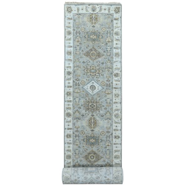 2'6"x18' Misty Gray, Karajeh and Geometric Design, Natural Wool, Hand Knotted, XL Runner, Oriental Rug HR10075