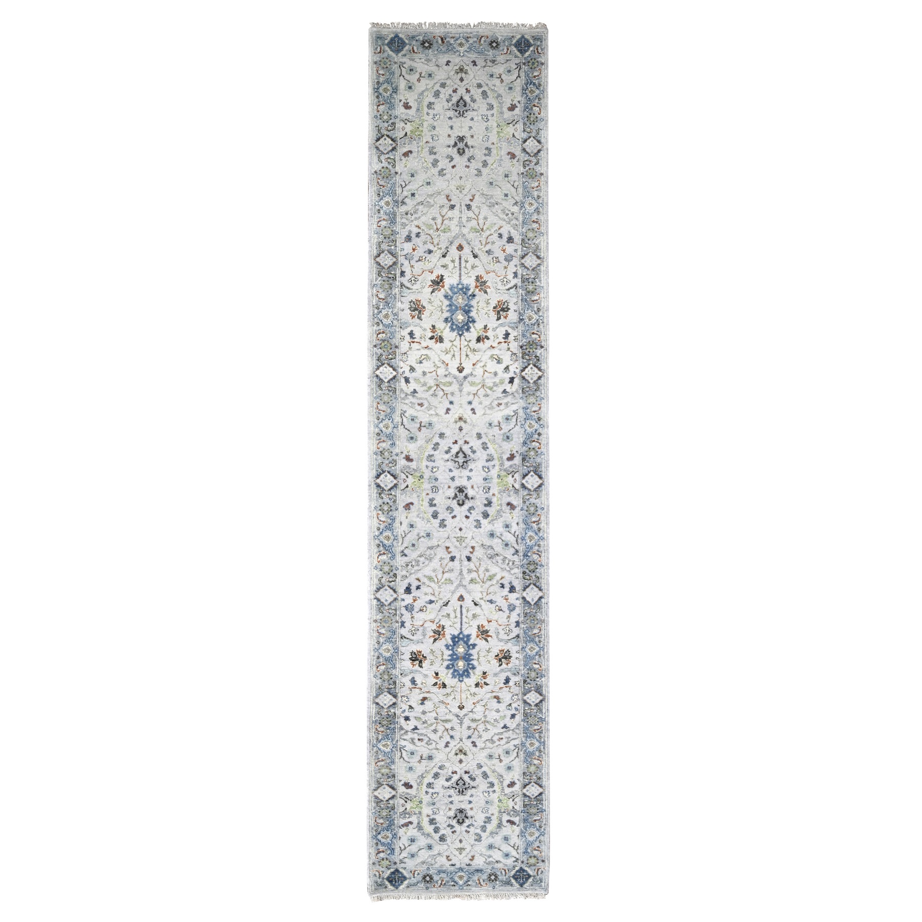 2'6"x11'9" Powder White, Oushak with Floral Motifs, Denser Weave, Hand Knotted, Pure Wool, Runner, Oriental Rug HR10086