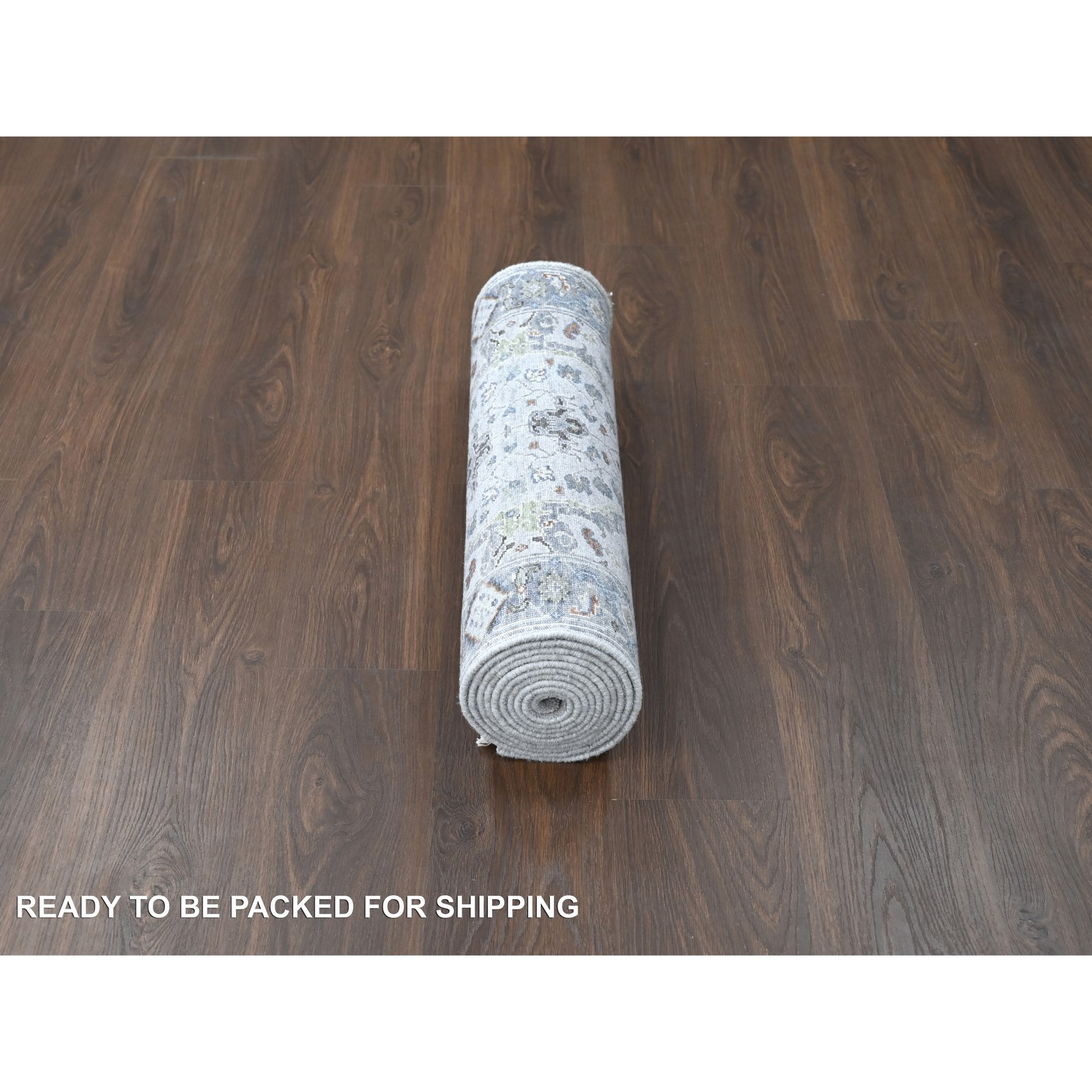 2'6"x11'9" Powder White, Oushak with Floral Motifs, Denser Weave, Hand Knotted, Pure Wool, Runner, Oriental Rug HR10086 - Image 6