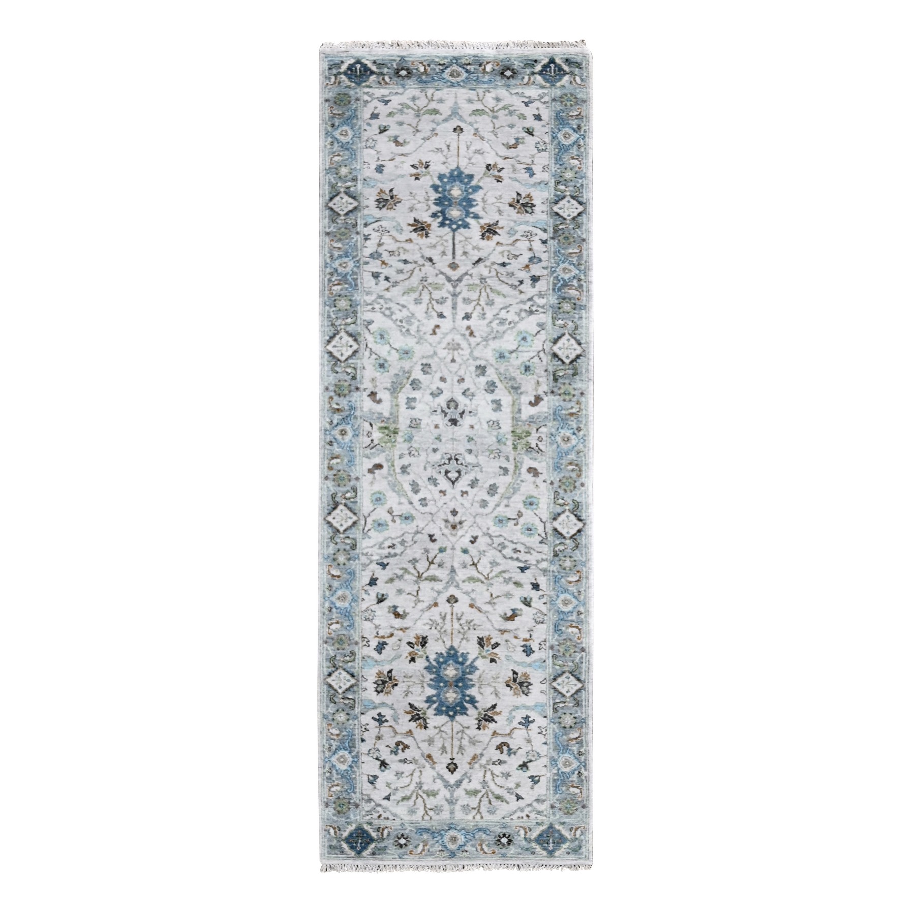 2'5"x7'9" Pearl White, Denser Weave, Oushak with Floral Motifs, Pure Wool, Hand Knotted, Runner, Oriental Rug HR10088