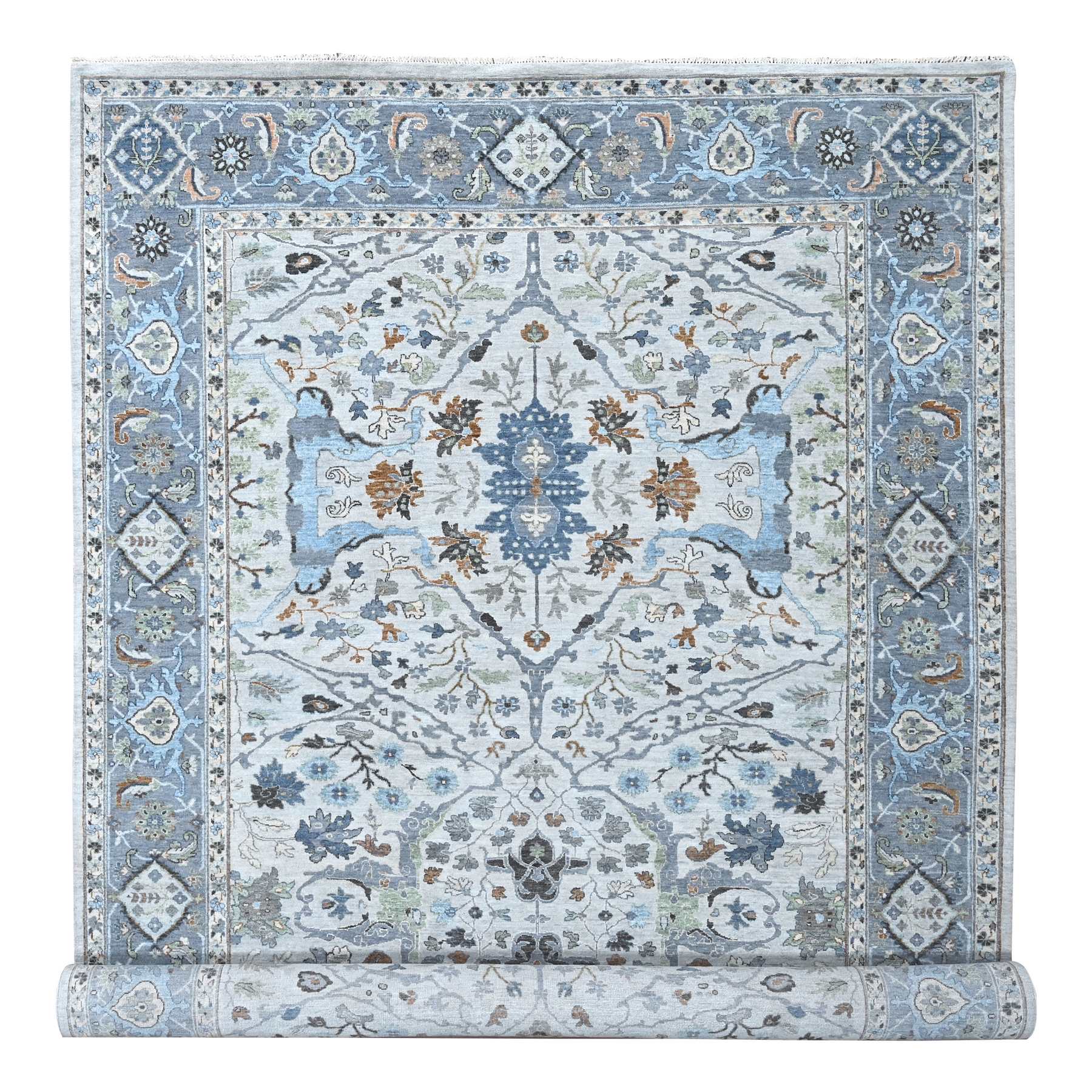 8'10"x16' Pearl White, Oushak with Floral Motifs, Denser Weave, Hand Knotted, Natural Wool, Wide Gallery Size, Oriental Rug HR10092