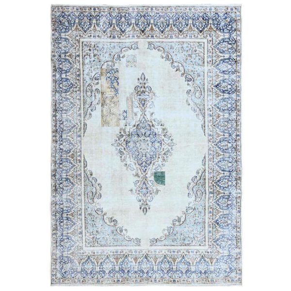 7'2"x10'1" Misty Blue, Vintage Persian Kerman, Sheared Thin, Dense Weave, Nicely Done Patches, 100% Wool, Hand Knotted Oriental Rug HR250
