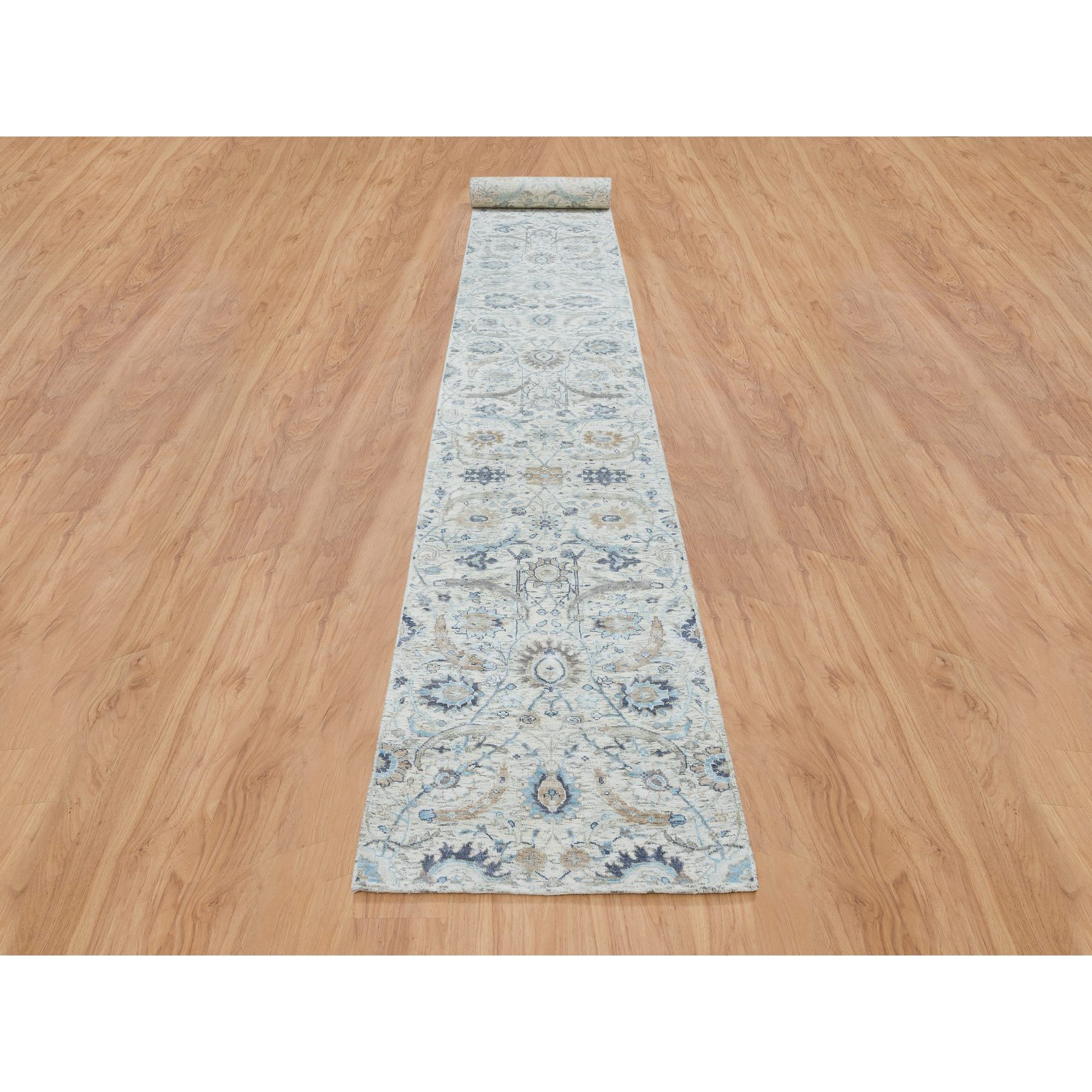 2'6"x23'10" Ivory, Silk With Textured Wool Hand Knotted, Sickle Leaf Design Soft Pile, XL Runner Oriental Rug HR64903 - Image 2