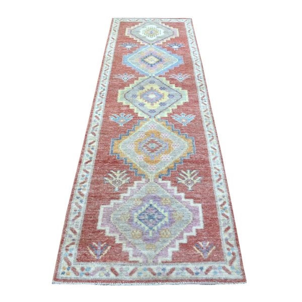 2'10"x9'6" Coral Red Afghan Angora Oushak with Geometric Medallions Design Soft Wool Hand Knotted Oriental Runner Rug HR68985