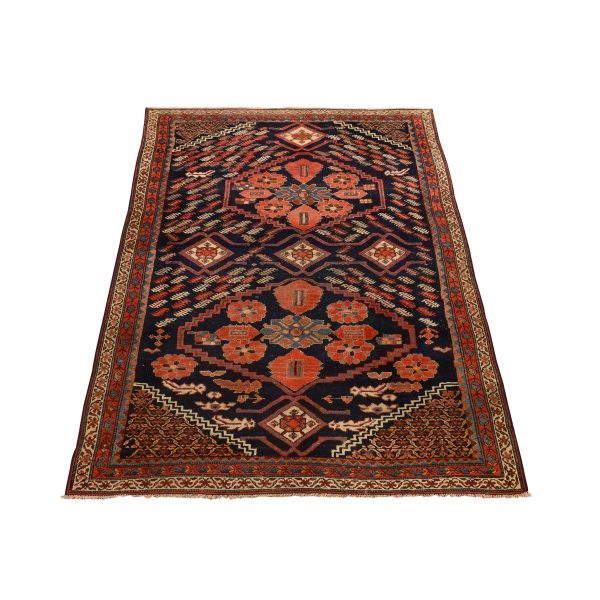 4'6"x6'7" Midnight Blue with a Mix of Red, Antique North West Persian with Double Medallion Design, Geometric Design, Clean and in Excellent Condition, 100% Wool, Hand Knotted, Oriental Rug HR78302
