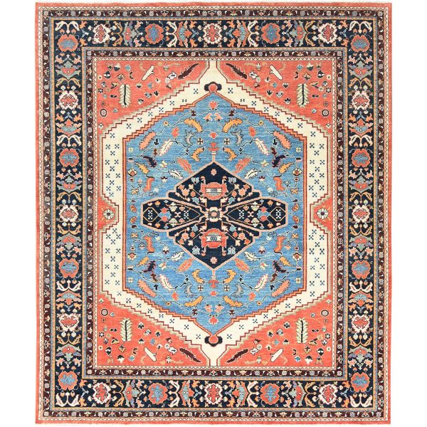 8'x9'6" Coral Orange, Afghan Peshawar with Large Medallion Heriz Design Vegetable Dyes, 100% Wool Hand Knotted, Oriental Rug HR82676